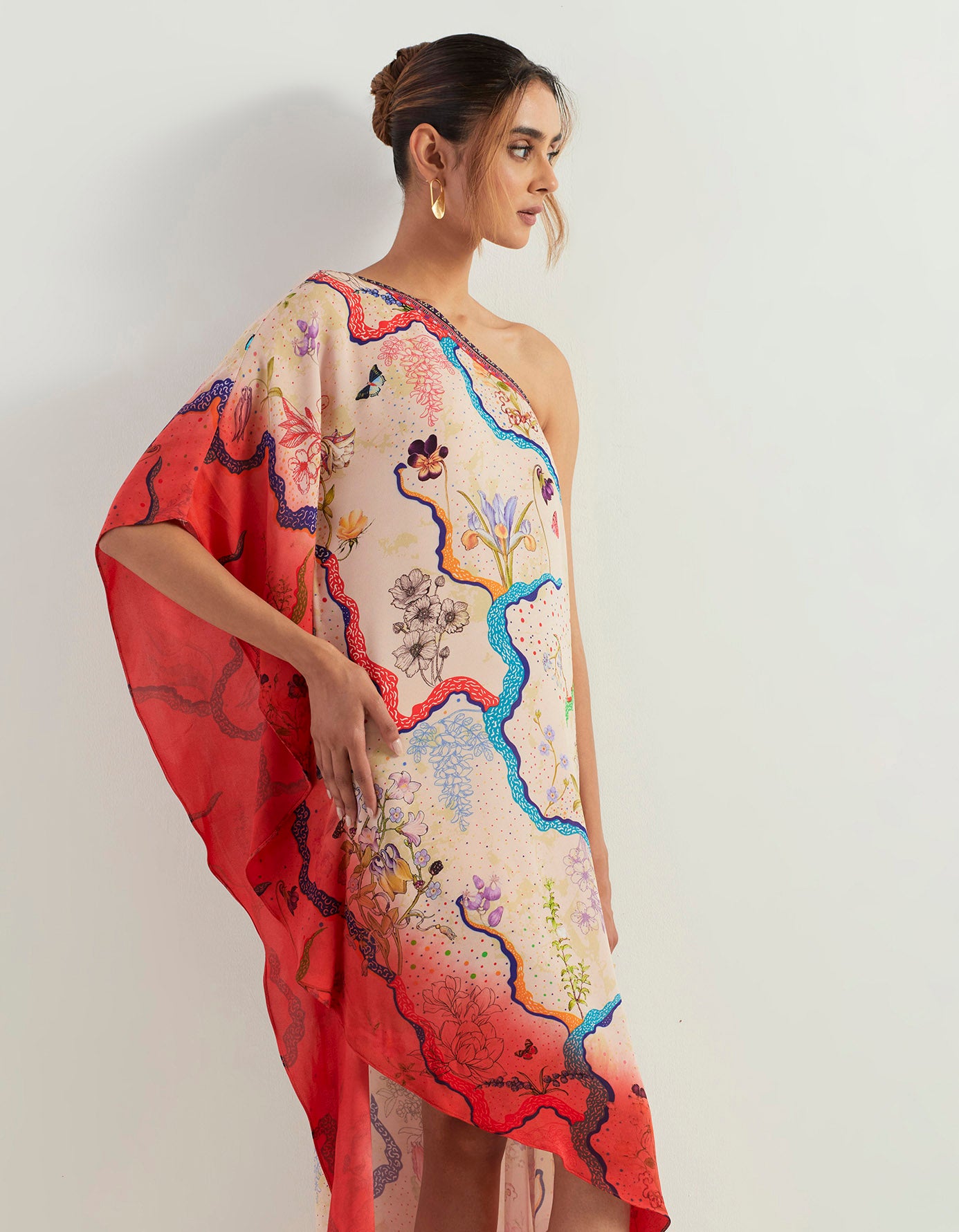 Eclectic printed one shoulder tie dye kaftan dress