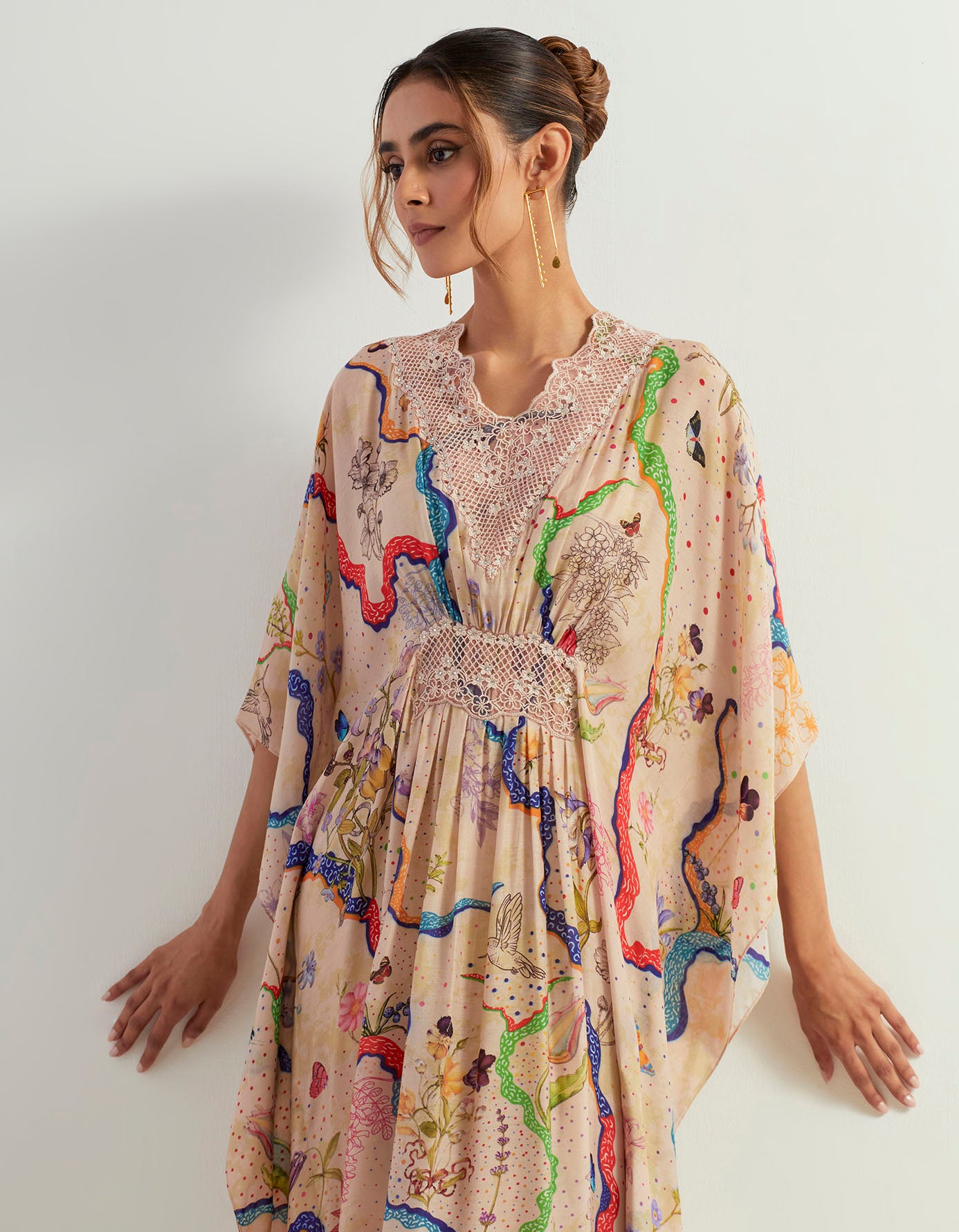 Eclectic printed long kaftan dress with lace and stone work