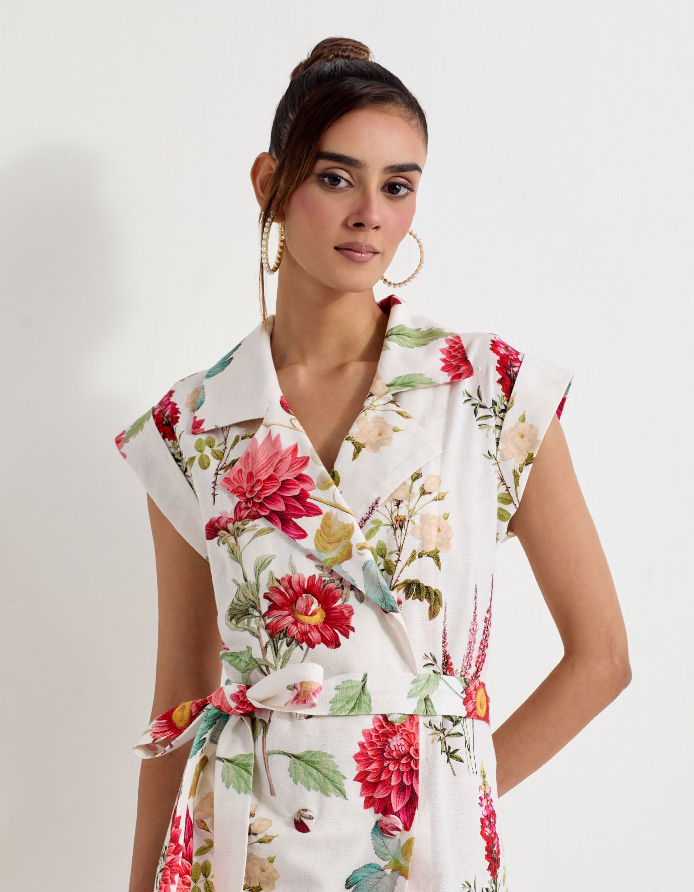 Daisy printed linen wrap dress with belt