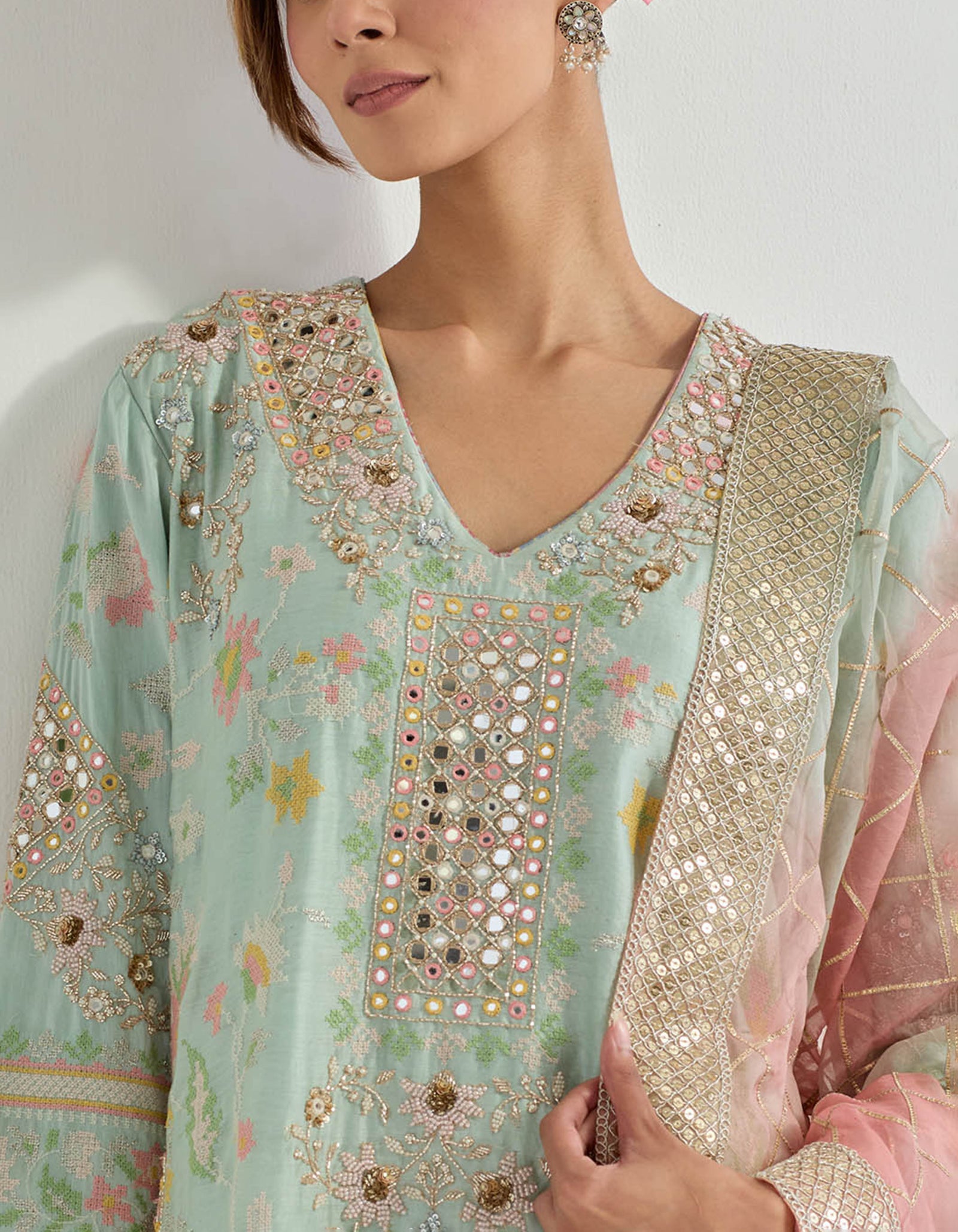 Sage cross stitch and mirror work embellished long kurta set with organza tie dye dupatta with gota work