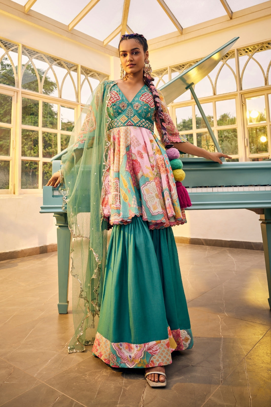 Turquoise Blue Multi-Print Patchwork Peplum Set