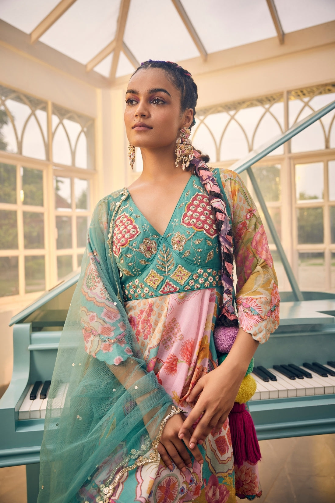 Turquoise Blue Multi-Print Patchwork Peplum Set