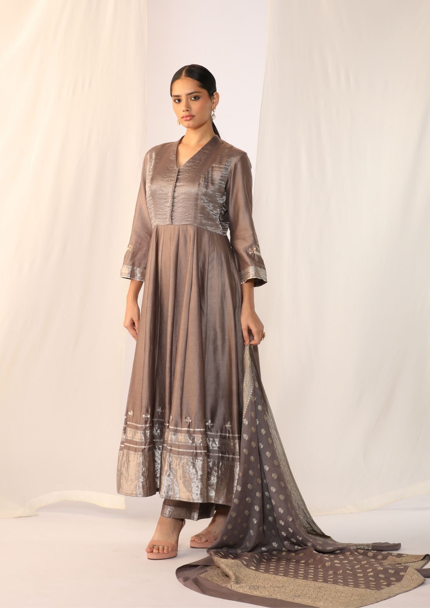 Chanderi Silk Kurta With A Woven Border And Handwork On  Sleeves, Paired With A  Banarasi Dupatta And Slim Pants