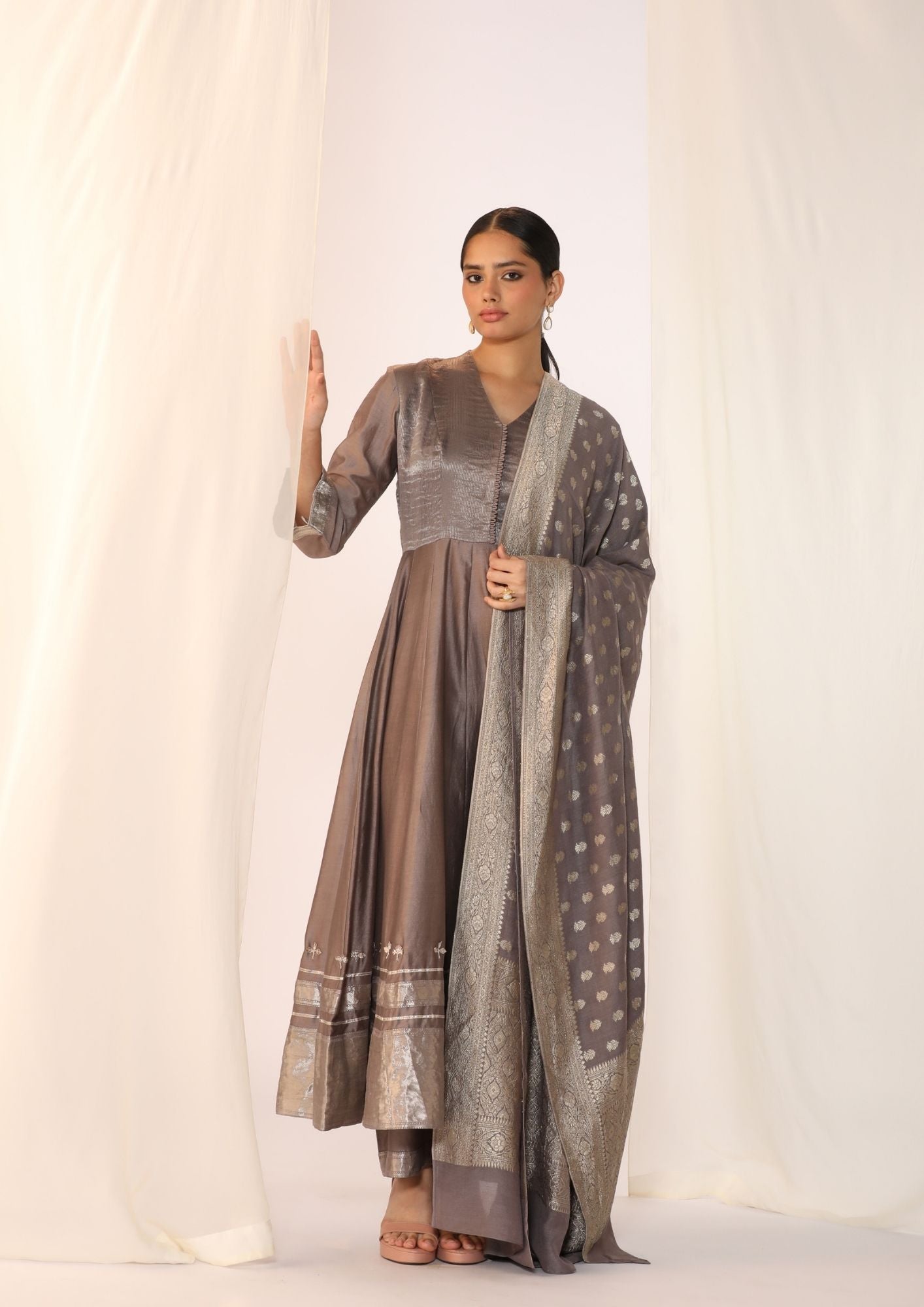 Chanderi Silk Kurta With A Woven Border And Handwork On  Sleeves, Paired With A  Banarasi Dupatta And Slim Pants