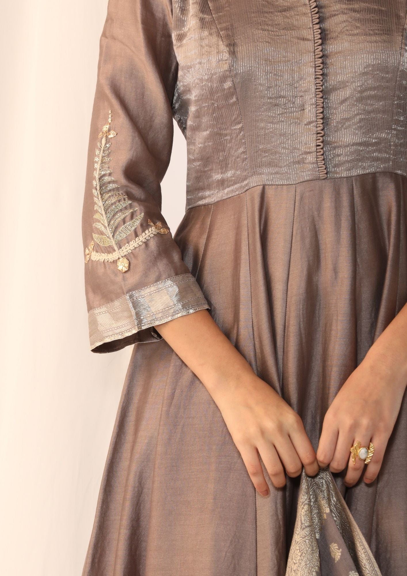 Chanderi Silk Kurta With A Woven Border And Handwork On  Sleeves, Paired With A  Banarasi Dupatta And Slim Pants