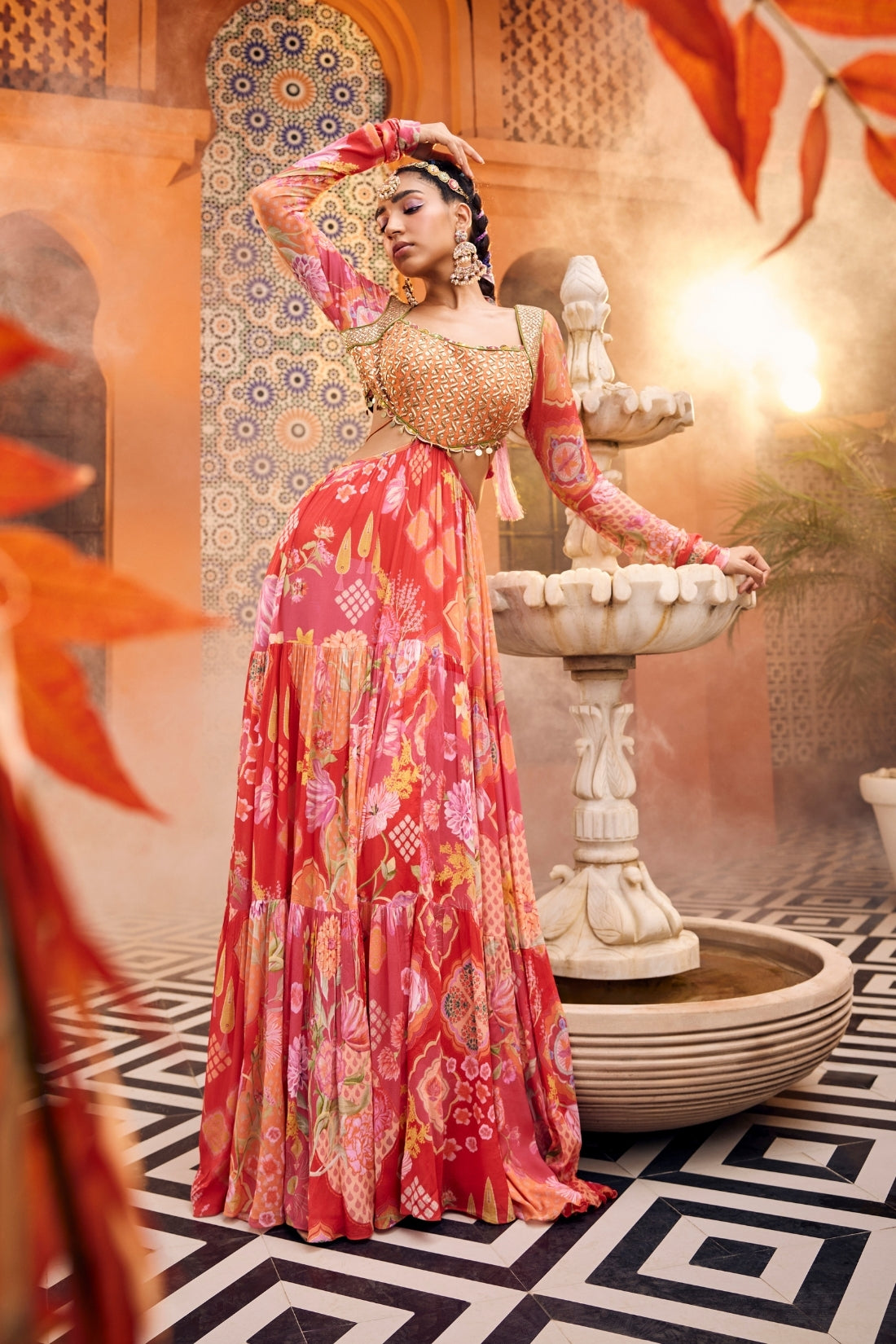 Red Multi-Print Layered Side-Cut Anarkali Dress