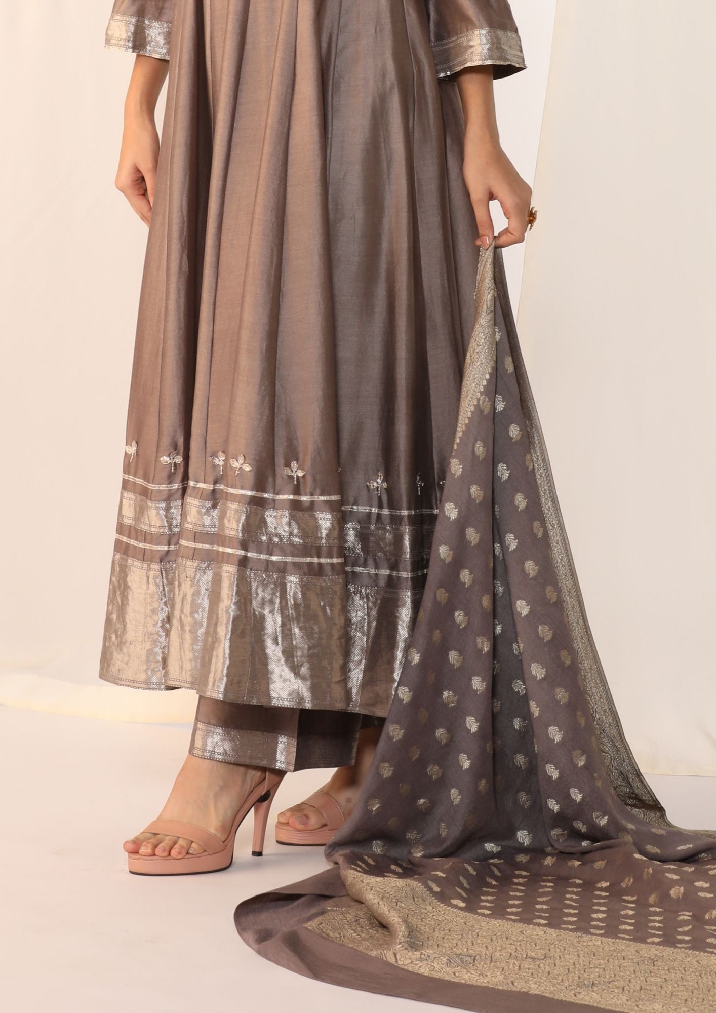 Chanderi Silk Kurta With A Woven Border And Handwork On  Sleeves, Paired With A  Banarasi Dupatta And Slim Pants