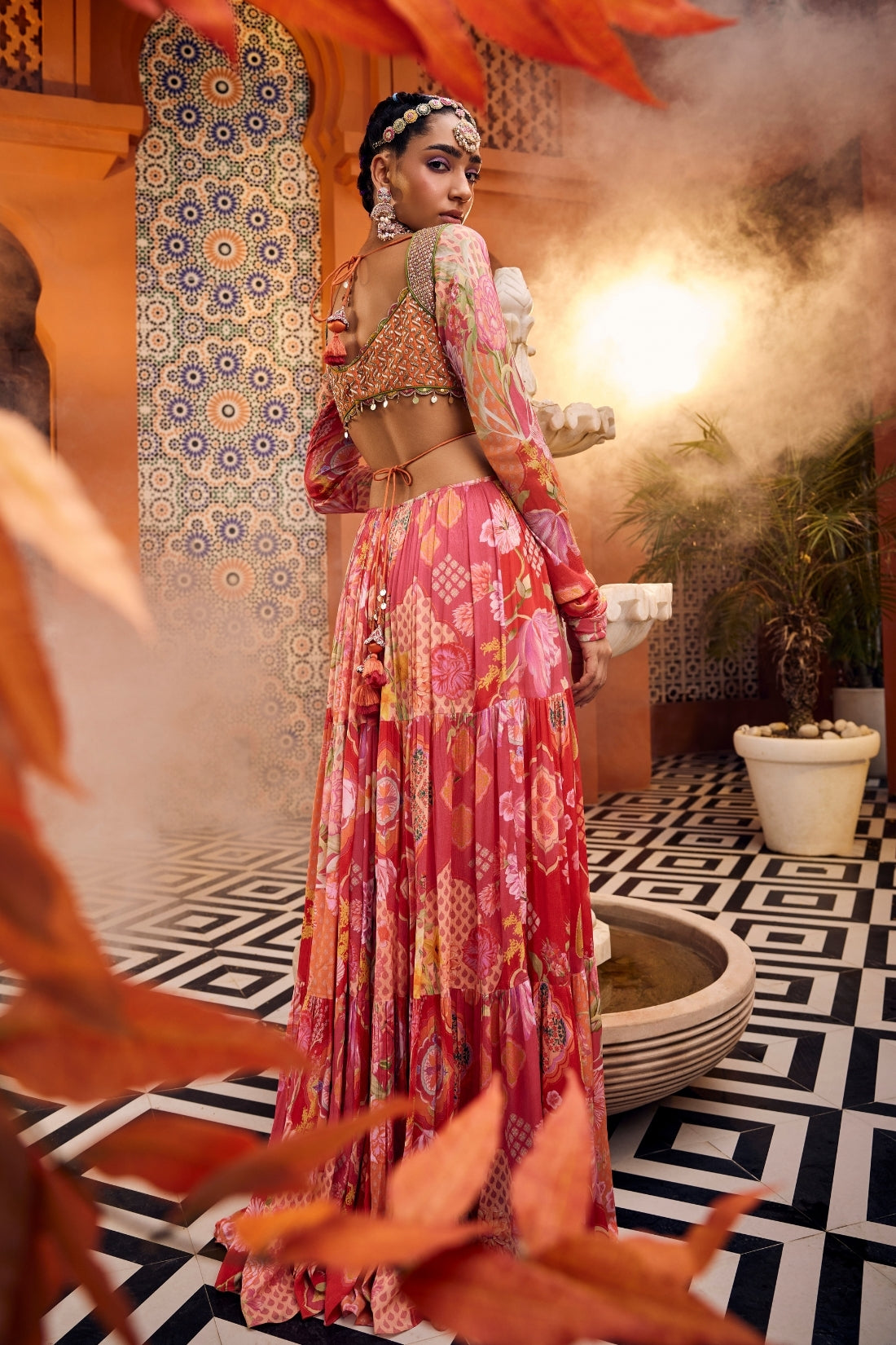 Red Multi-Print Layered Side-Cut Anarkali Dress