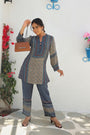 Kyna Blue And Beige Contempoarary Placement Print Tunic Set With Wooden Embellishment
