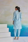 Marine Mirage Sky Blue Thread And Bead Embroidery Asymmetric Shirt Style Tassel Detail Tunic With Pants