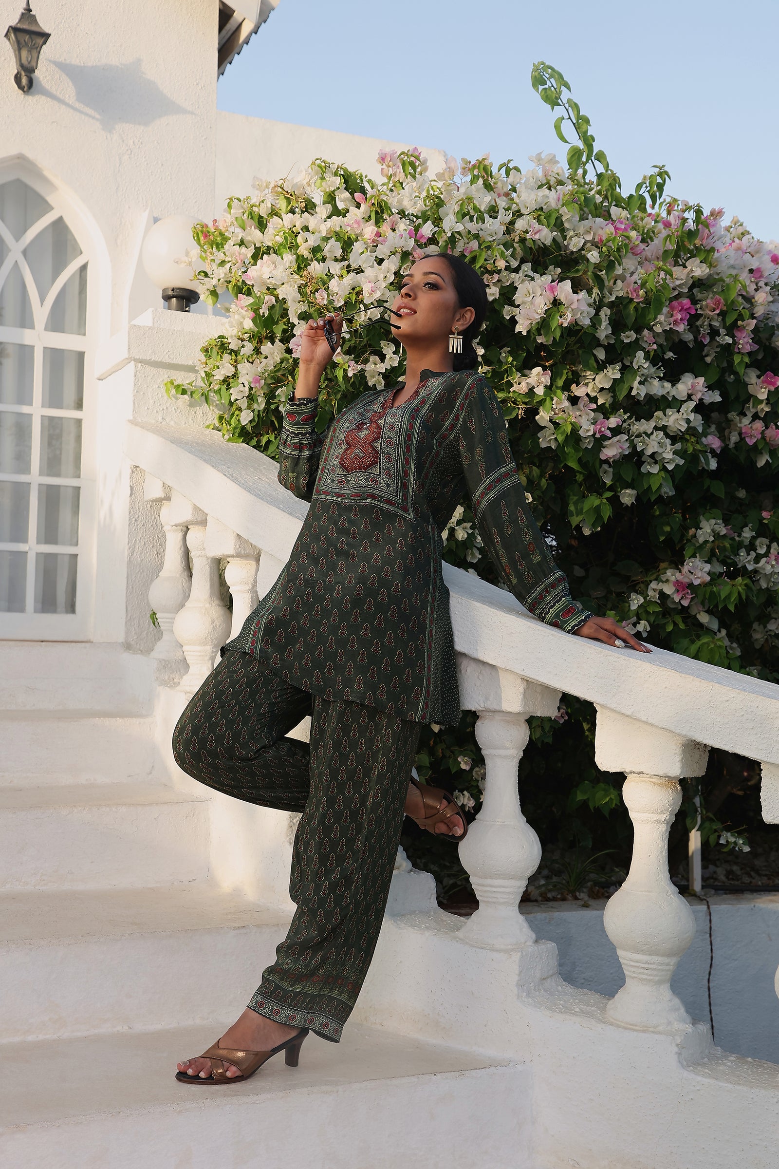 Kyna Deep Green Contemporary Traditional Placement Print Tunic Set With Embellishment Detail At Neck