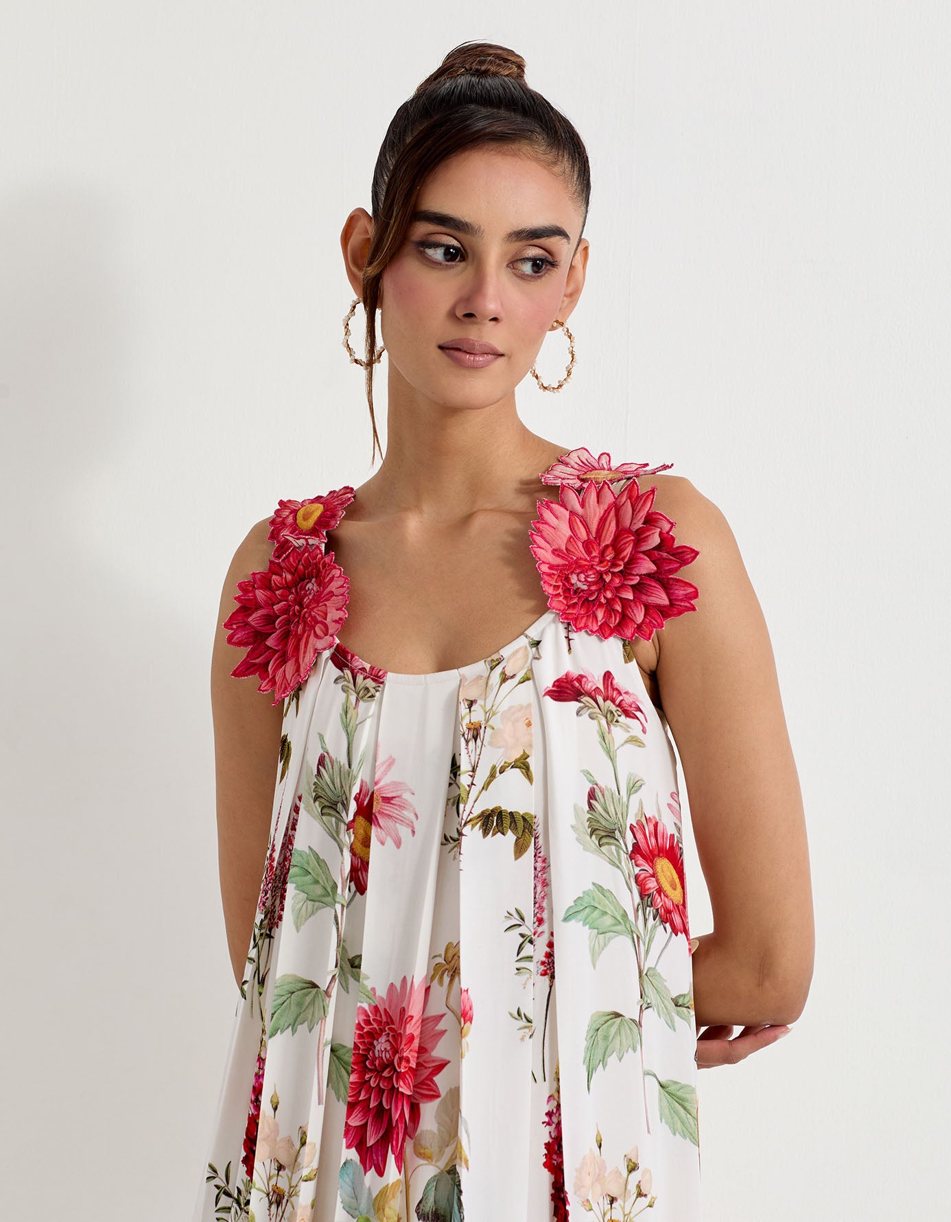 Daisy printed georgette dress with 3d floral embroidery