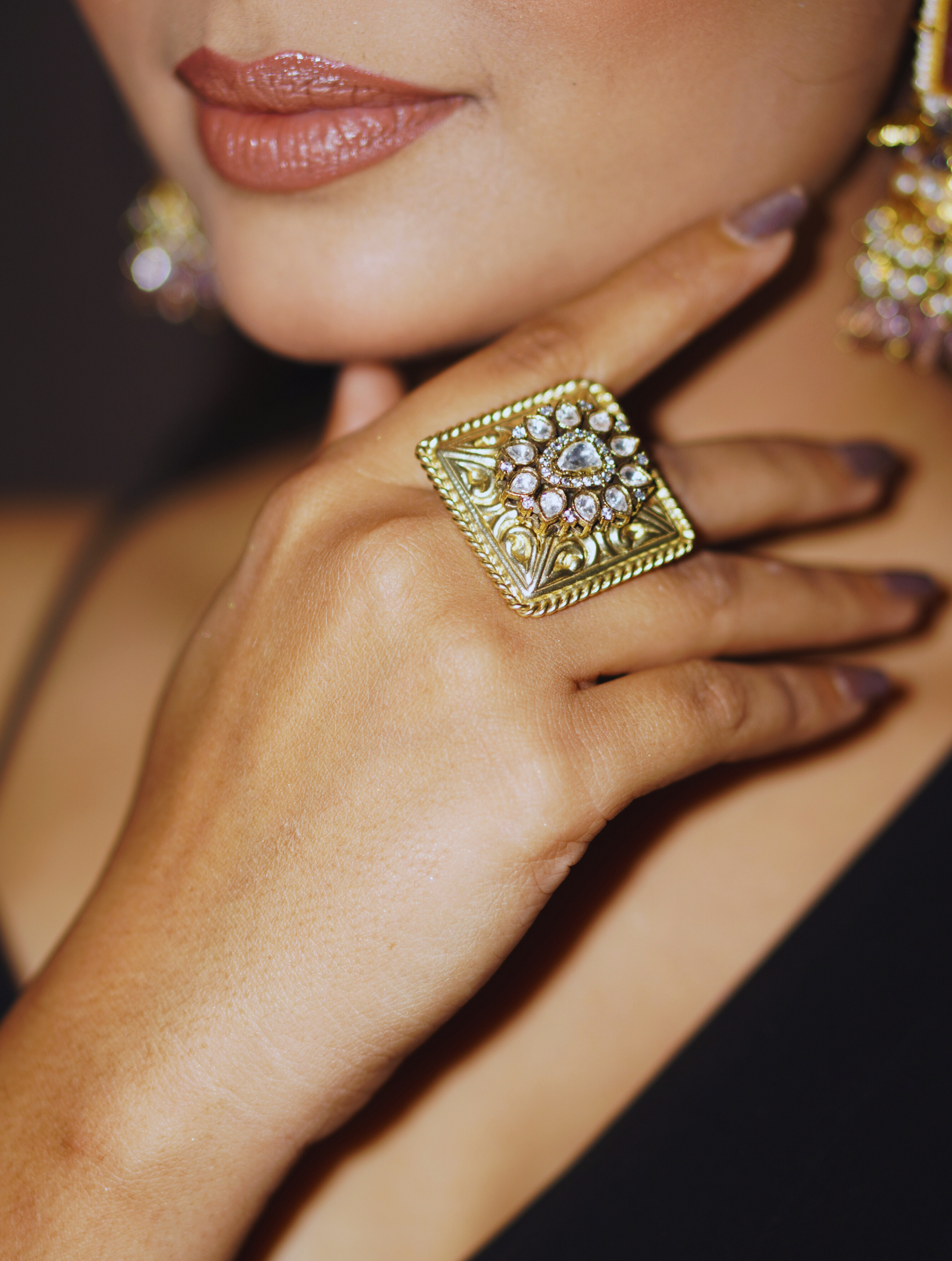 Fusion Gold Color Kundan Fingerring