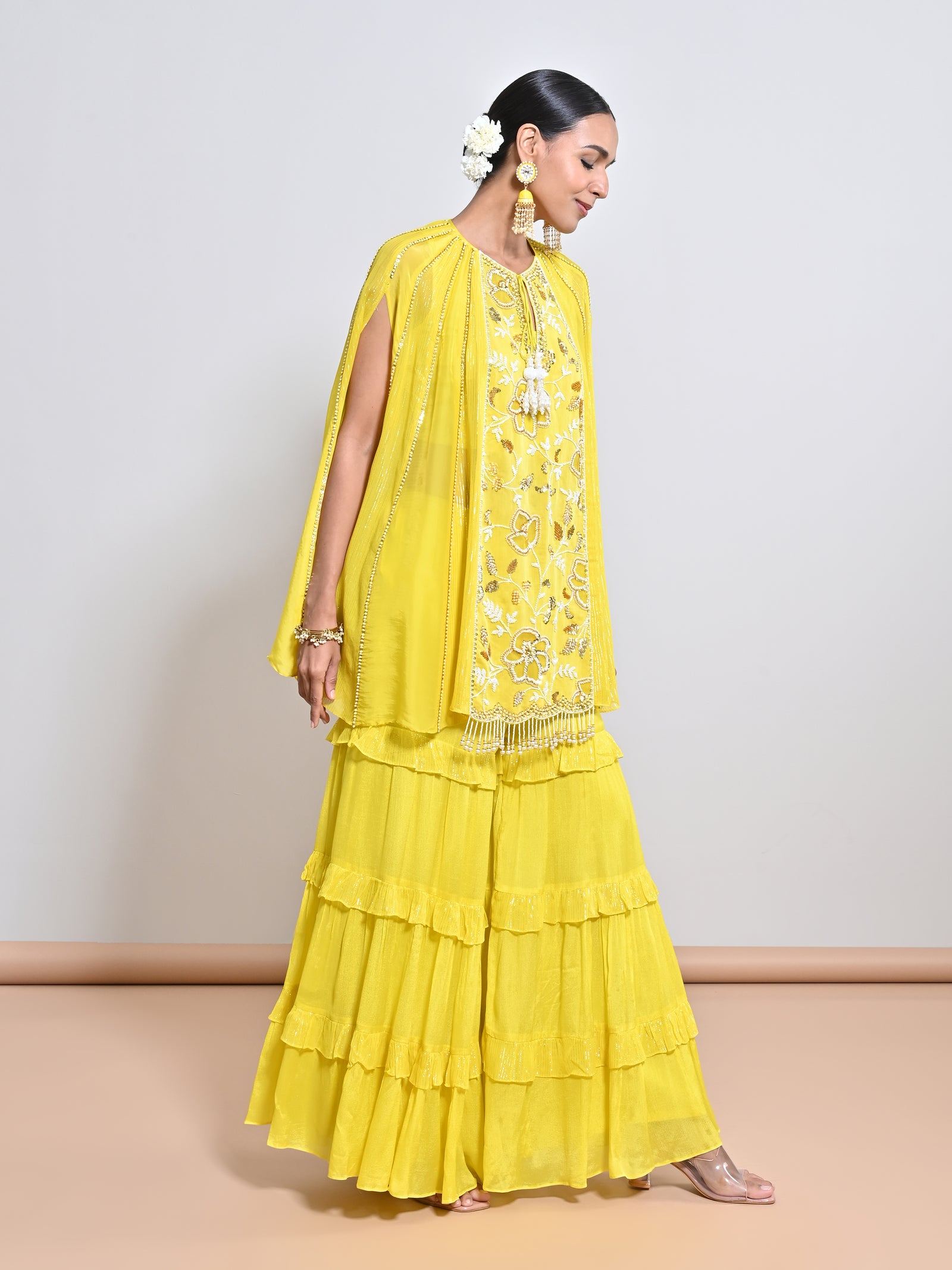 An Embroidered Band Tier Chiffon Crepe Gharara