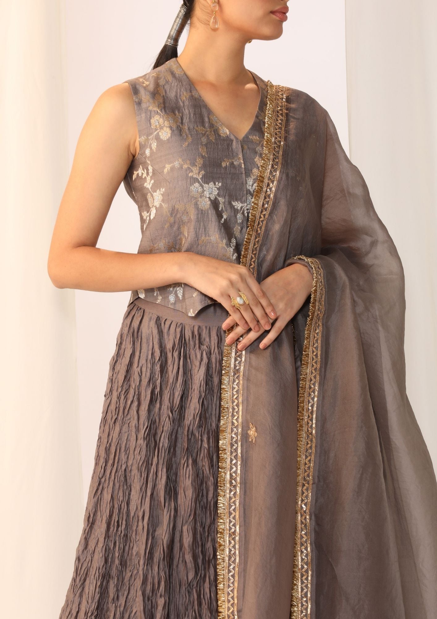Brocade Waistcoat Paired With A Crushed Skirt With Organza Dupatta With Gota Work