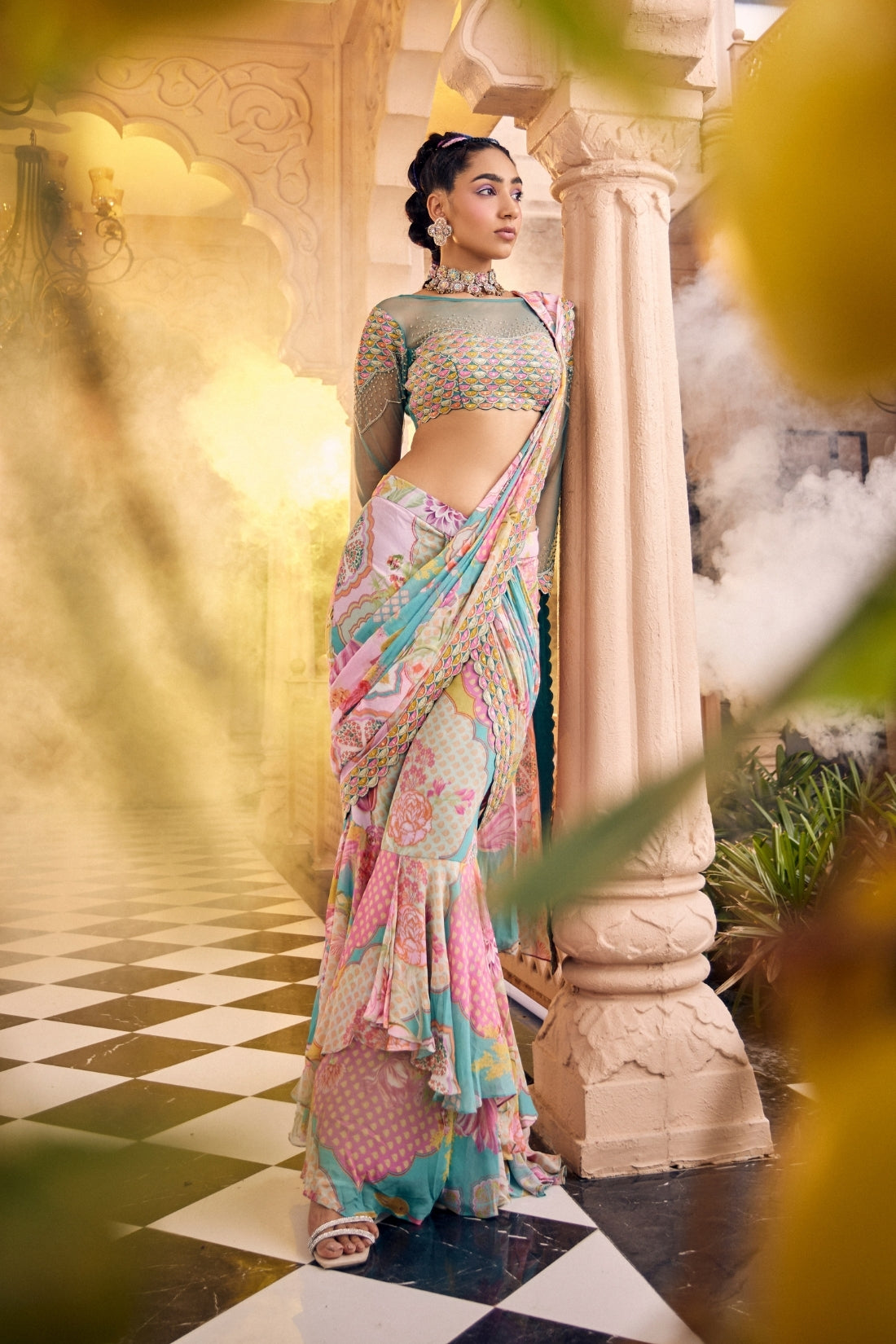 Turquoise Blue Multi-Print Fish-Cut Pre-Drape Saree Set