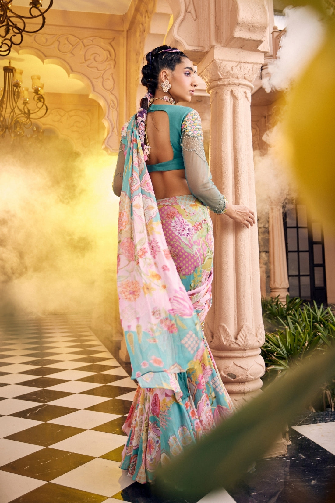Turquoise Blue Multi-Print Fish-Cut Pre-Drape Saree Set