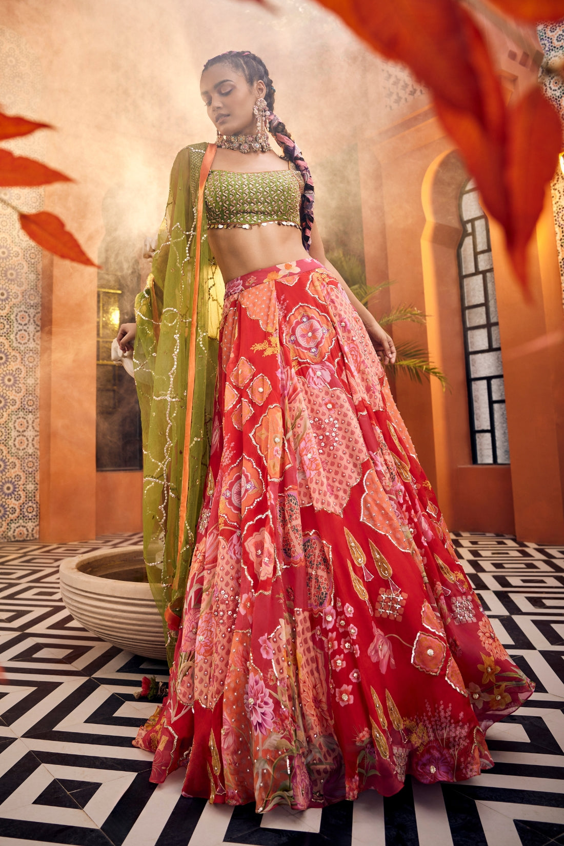 Stunning Red Multi-Printed Heavy Embroidered Lehenga Set