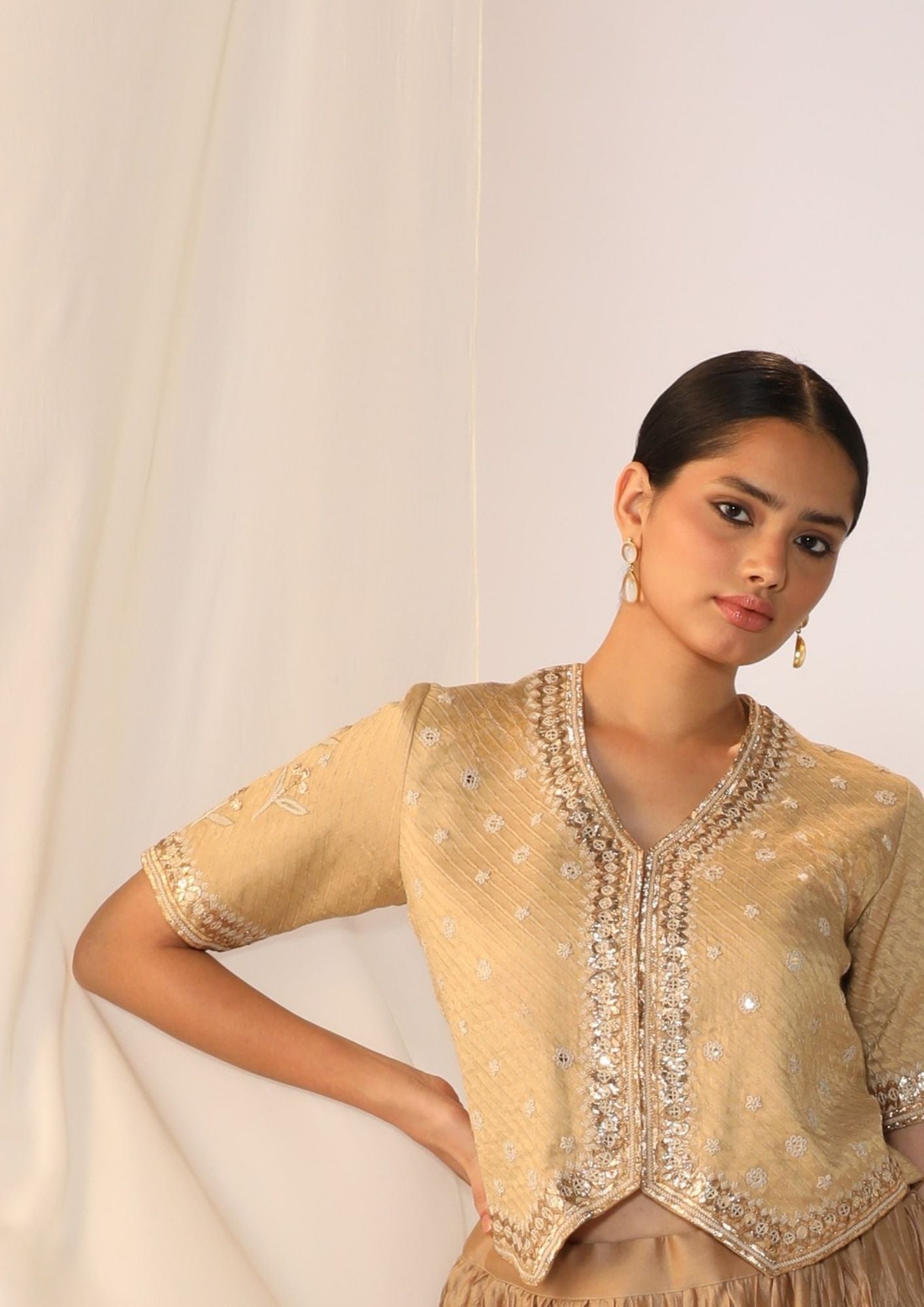 Brocade Waistcoat Paired With A Crushed Skirt With Benarasi  Dupatta