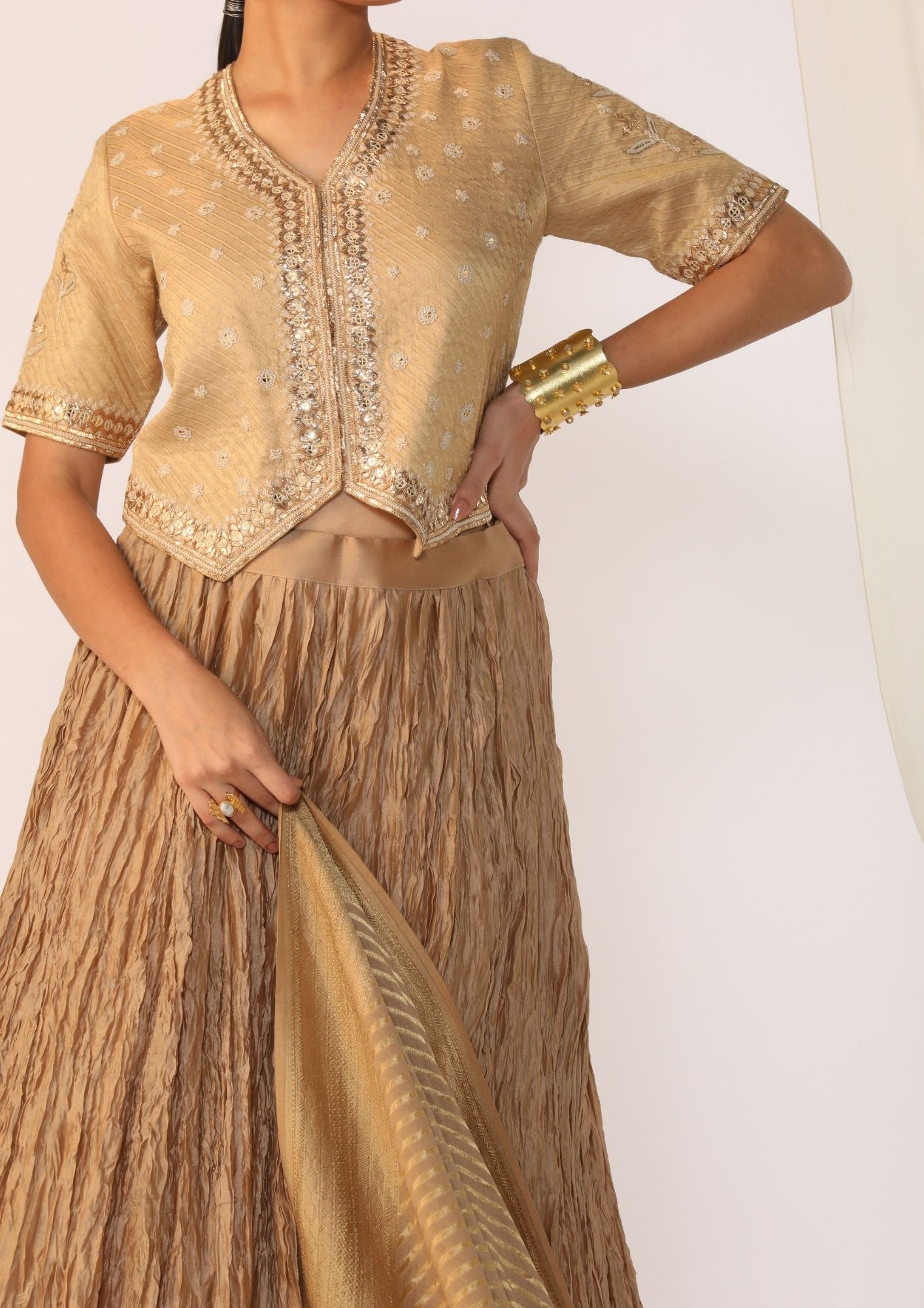 Brocade Waistcoat Paired With A Crushed Skirt With Benarasi  Dupatta