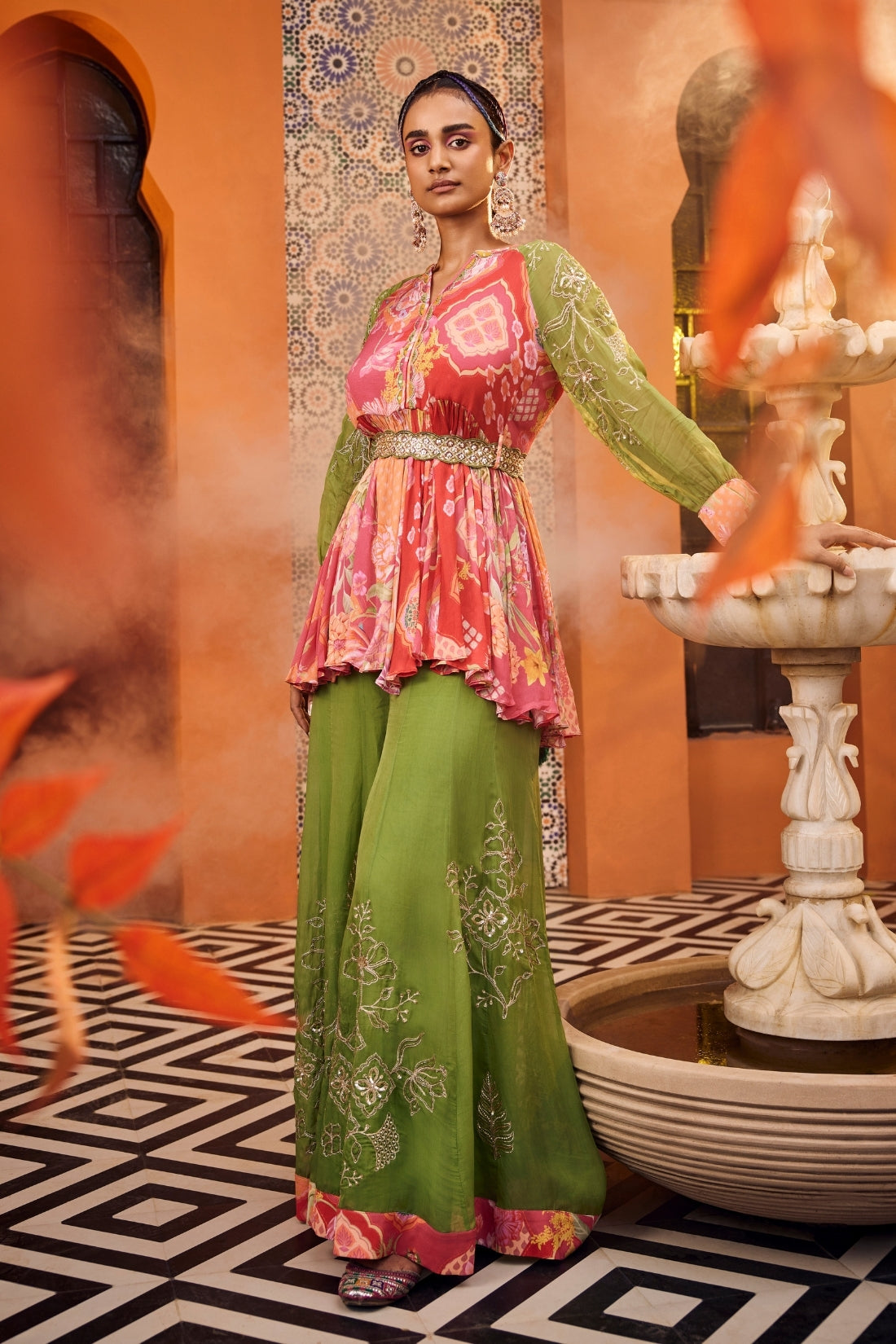 Red Multi-Print Raglan Sleeves Peplum Set