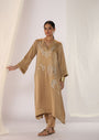 Linen Satin V Neck Kurta With Scatter Embroidary Paired With Slim Pants