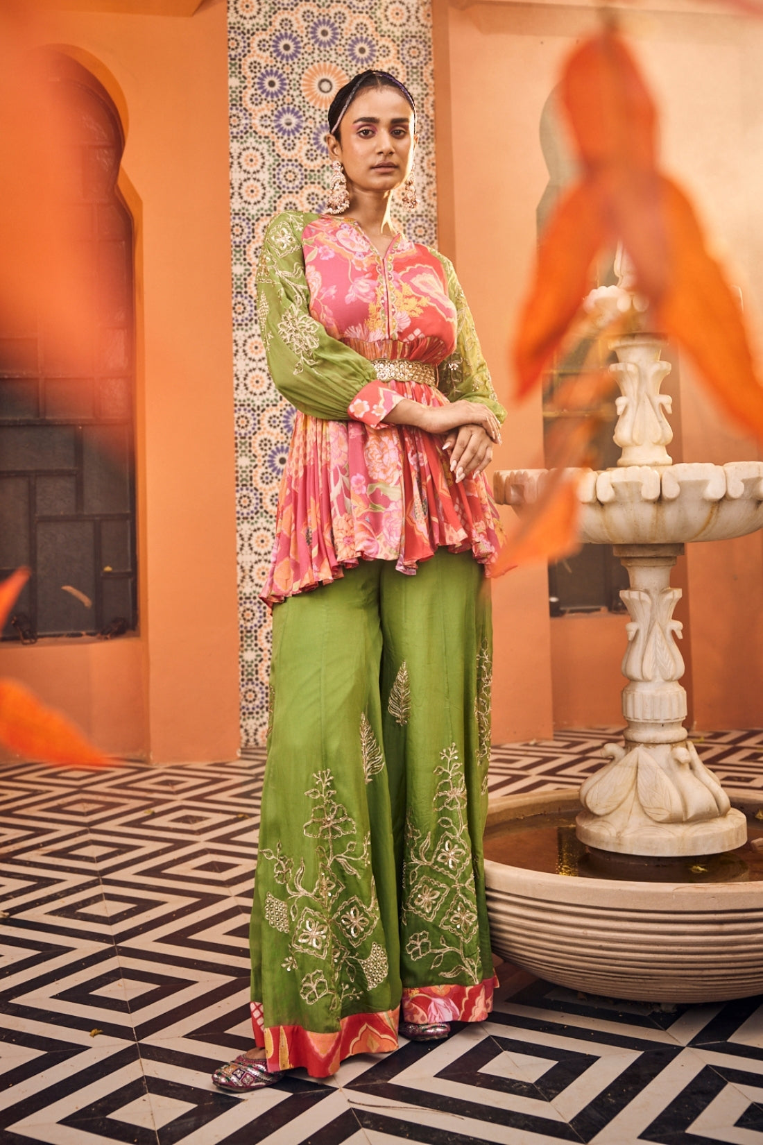 Red Multi-Print Raglan Sleeves Peplum Set