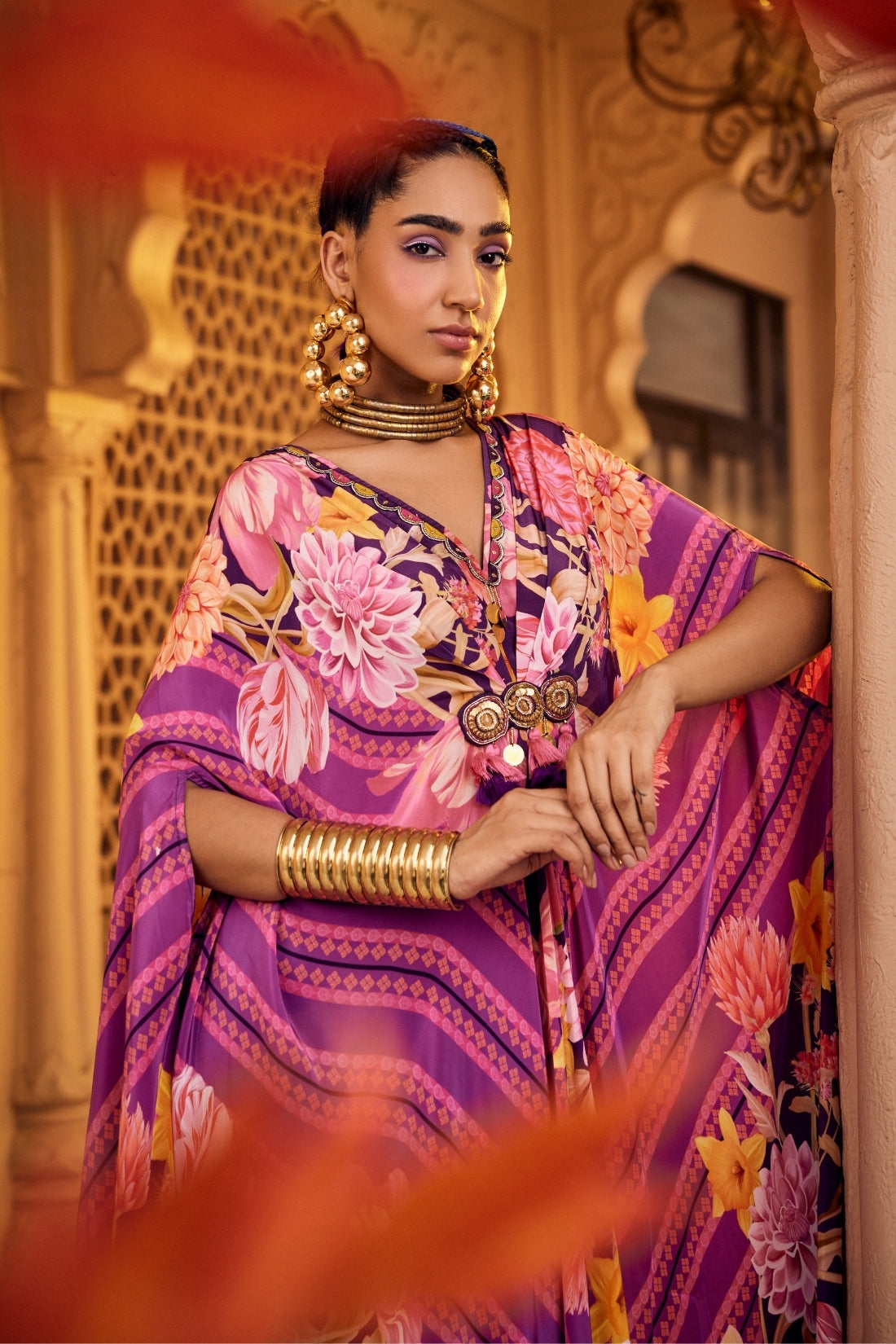 Purple Printed Kaftan Set