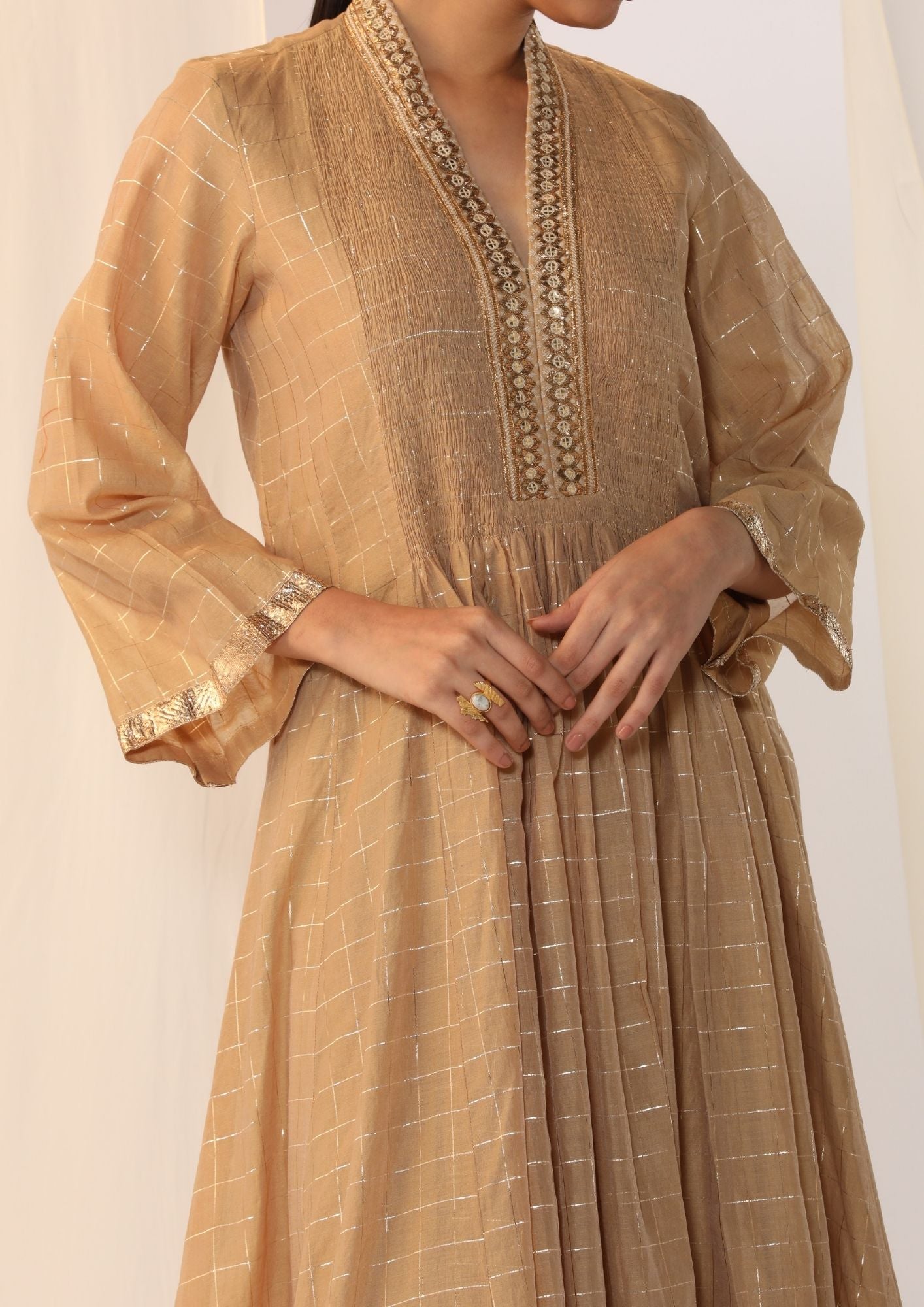 Checks Kurta With A Smocked Neck  With Wide-Leg Pants
