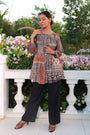 Grey Orange Printed Tunic With Tie Detail At Neck