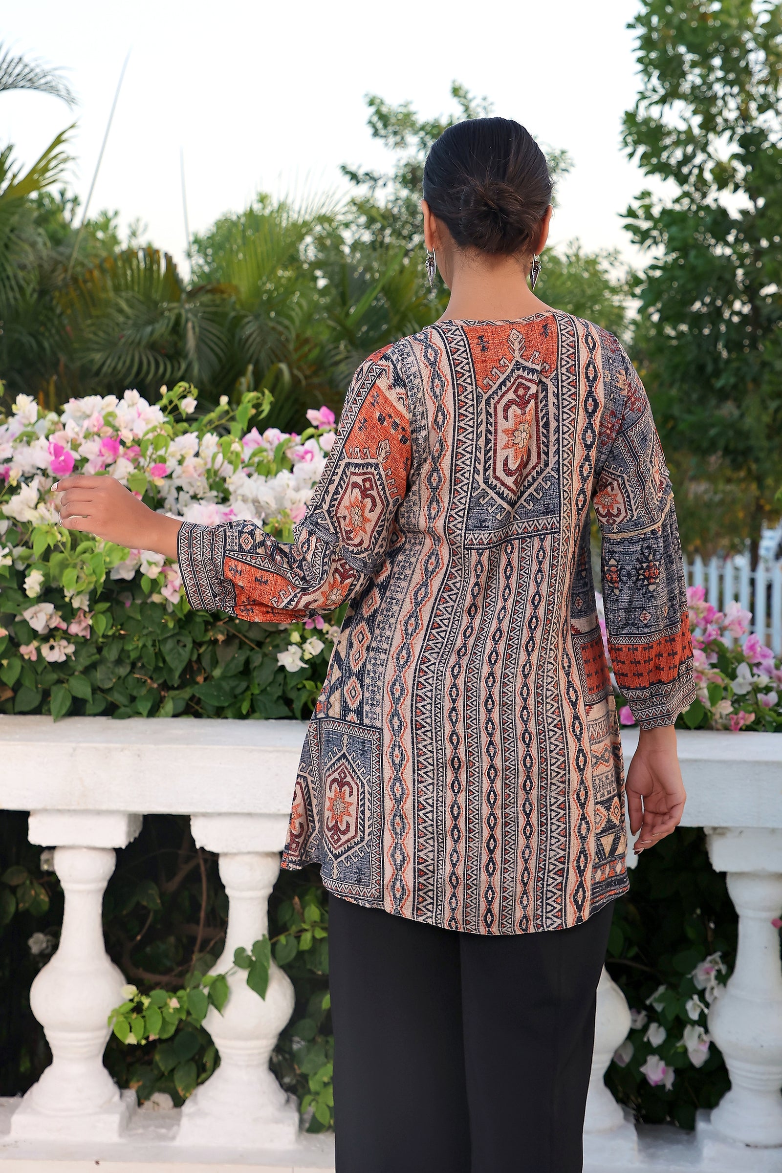 Grey Orange Printed Tunic With Tie Detail At Neck
