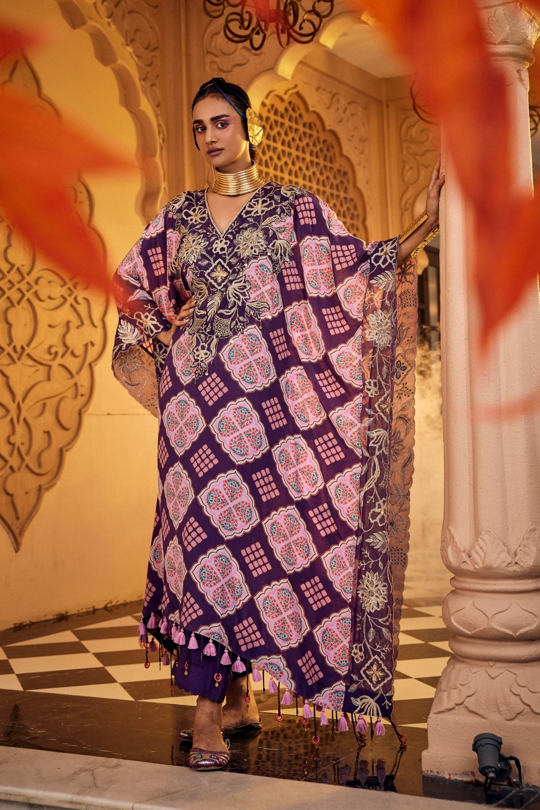 Purple Printed Kaftan Set Featuring A Hand-Embroidered Patch On The Neckline