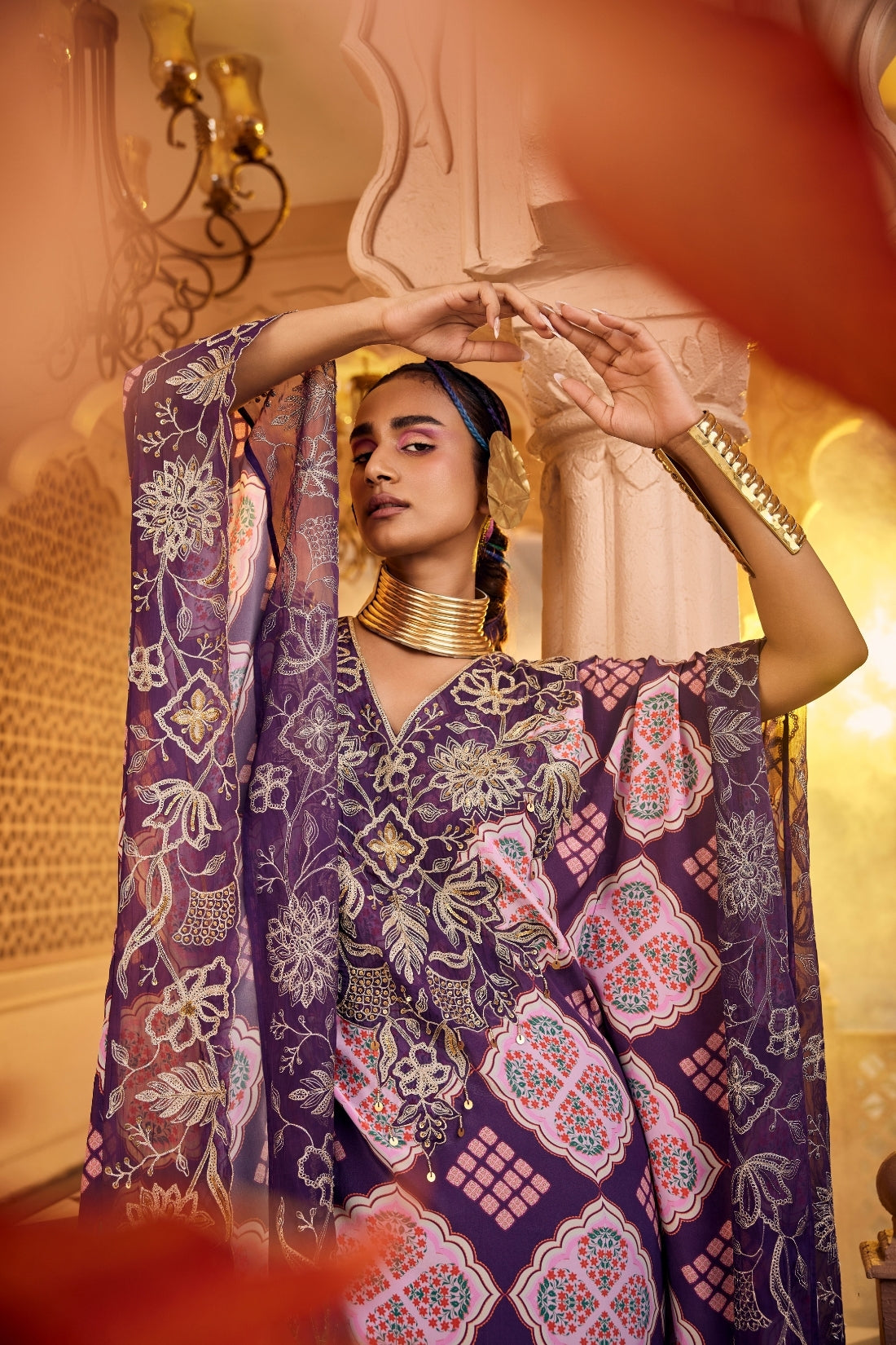 Purple Printed Kaftan Set Featuring A Hand-Embroidered Patch On The Neckline