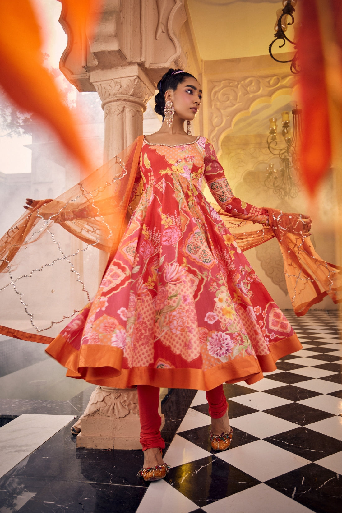 Red Multi-Printed Anarkali Featuring Intricate Kangdi Work On The Neckline