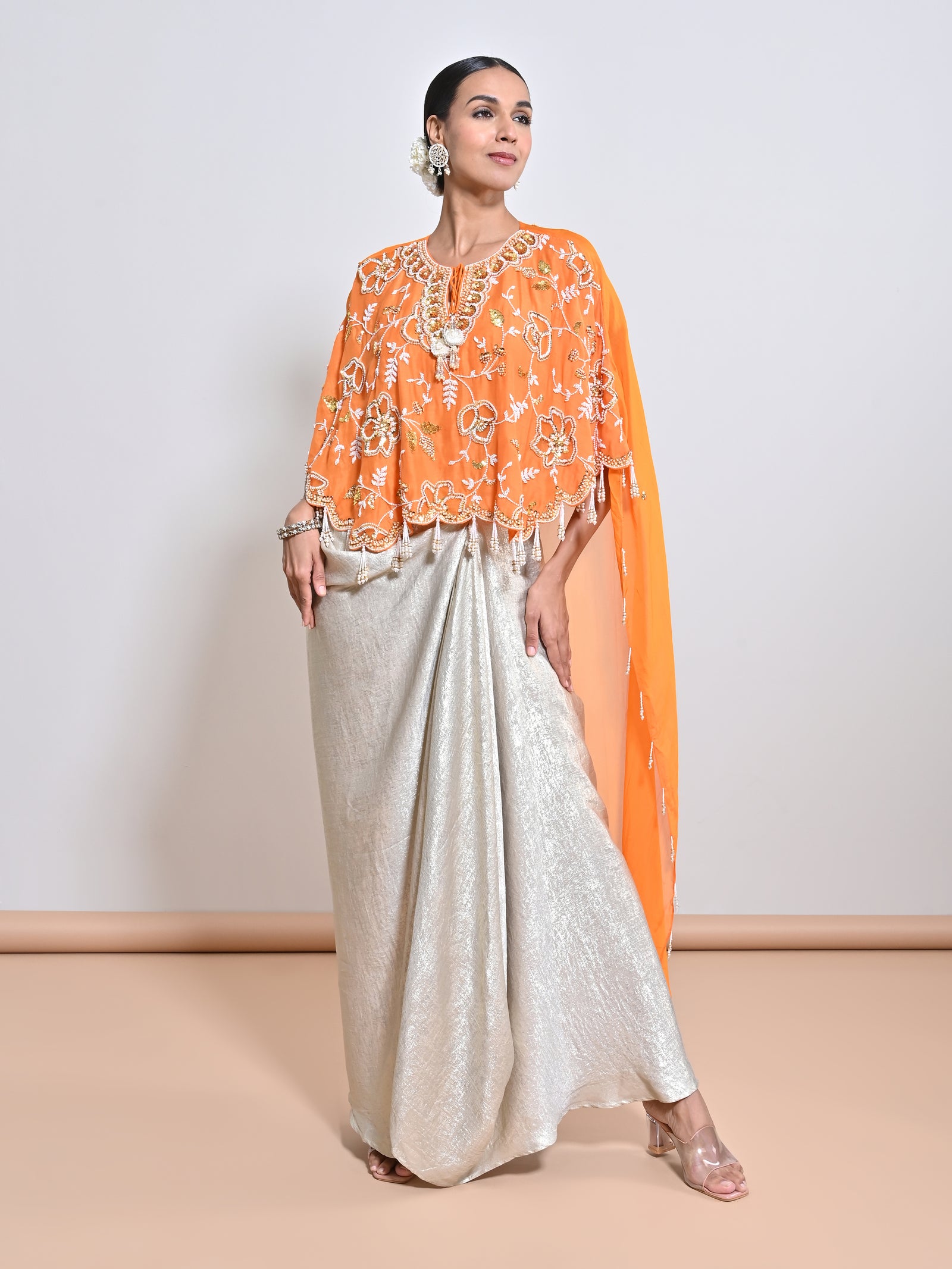 A Shimmer Foil Crepe Drape Skirt