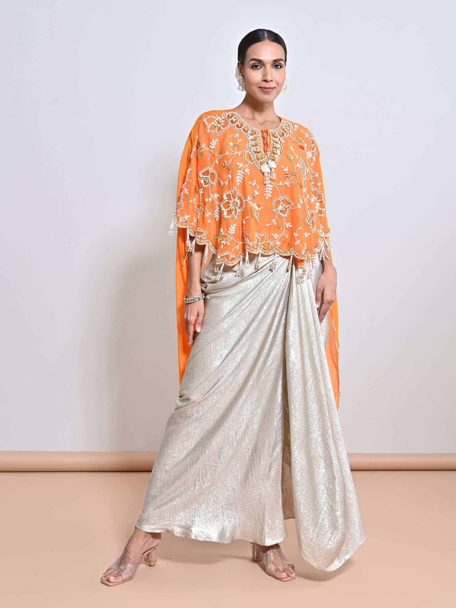 A Shimmer Foil Crepe Drape Skirt