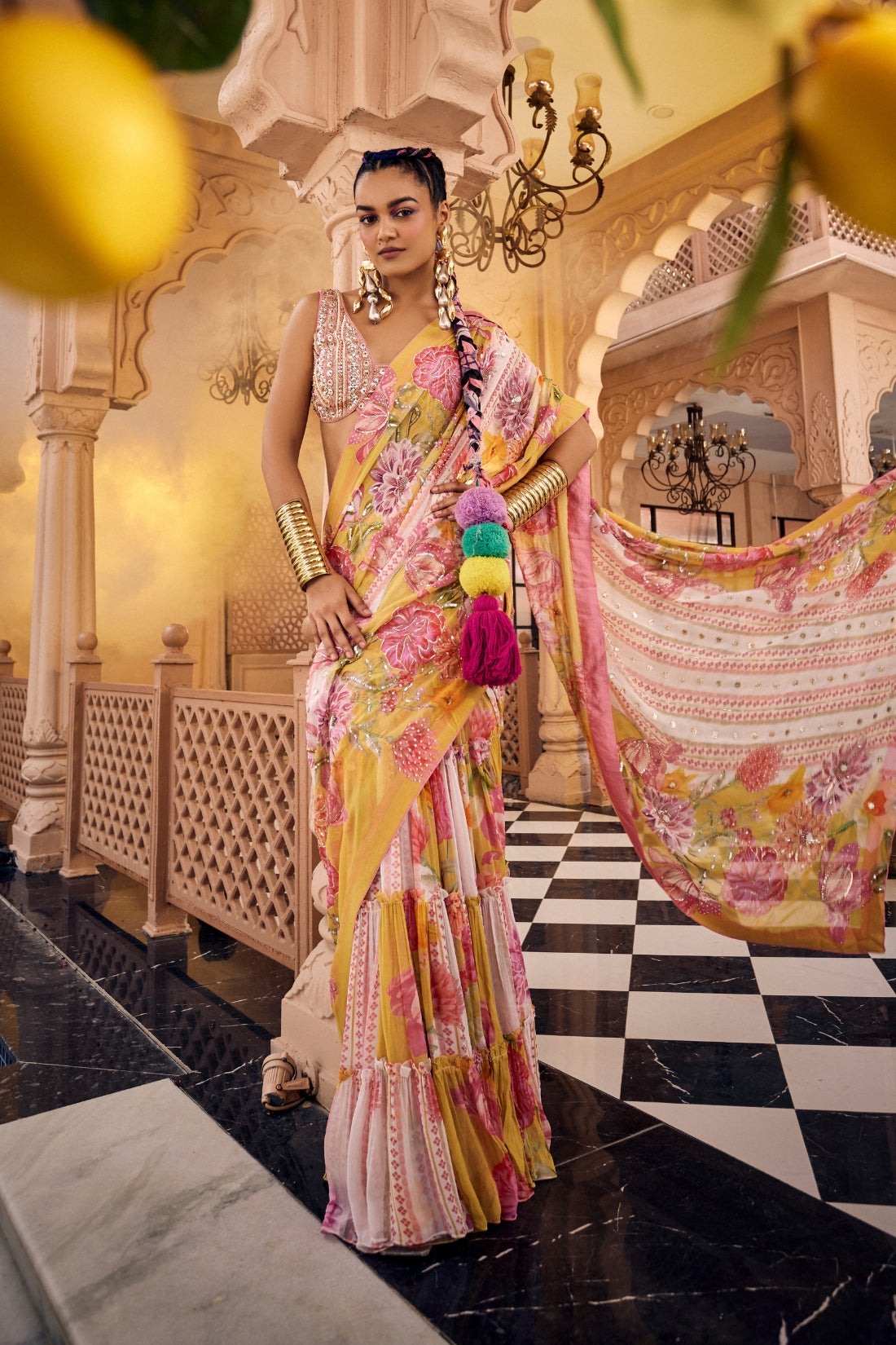 Multi-Printed, Embroidered Pre-Draped Saree Set