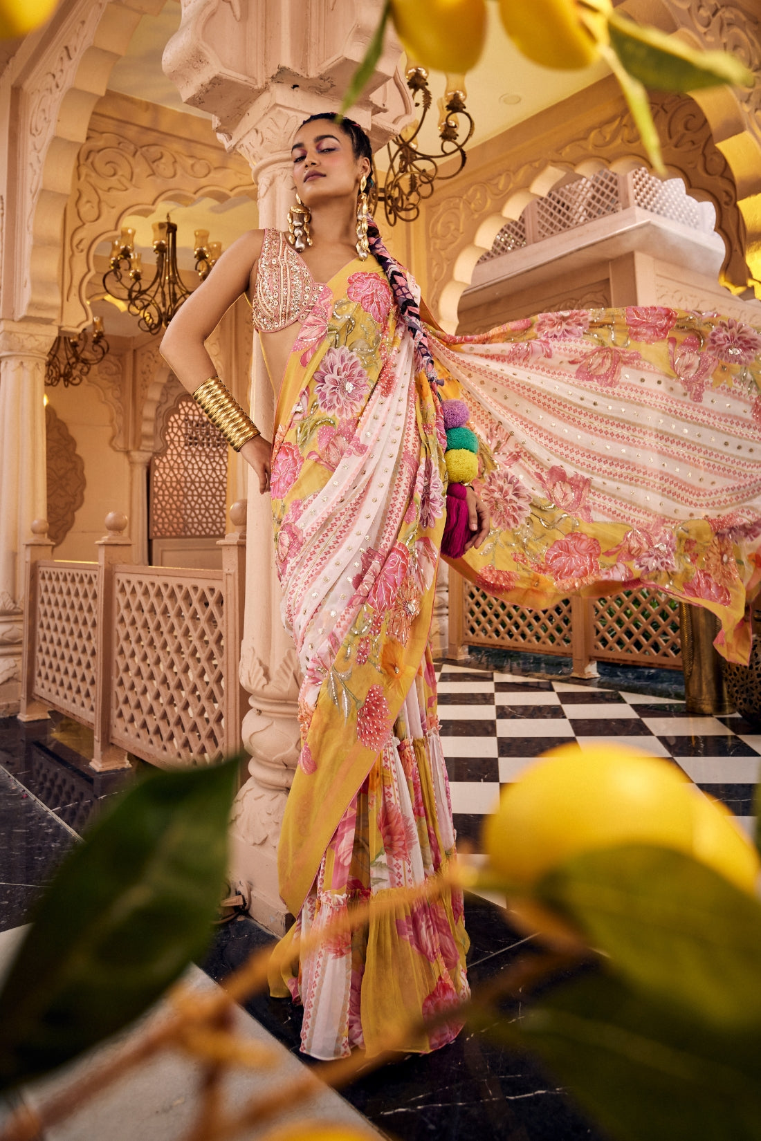 Multi-Printed, Embroidered Pre-Draped Saree Set