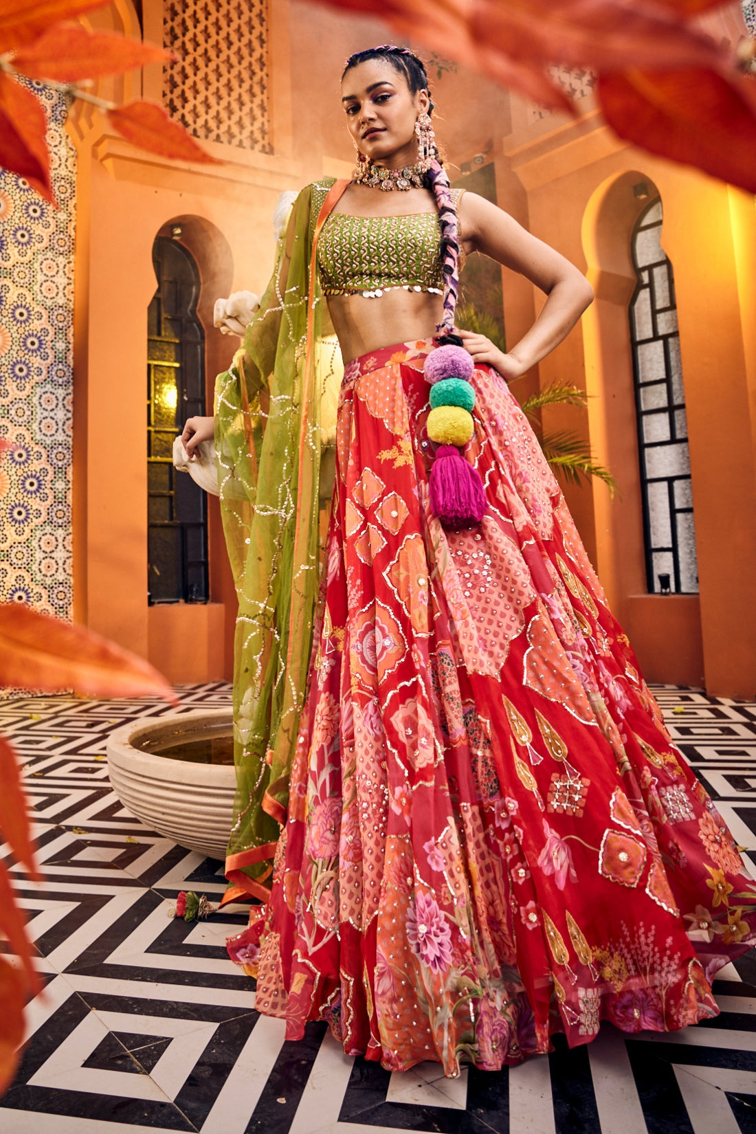 Stunning Red Multi-Printed Heavy Embroidered Lehenga Set