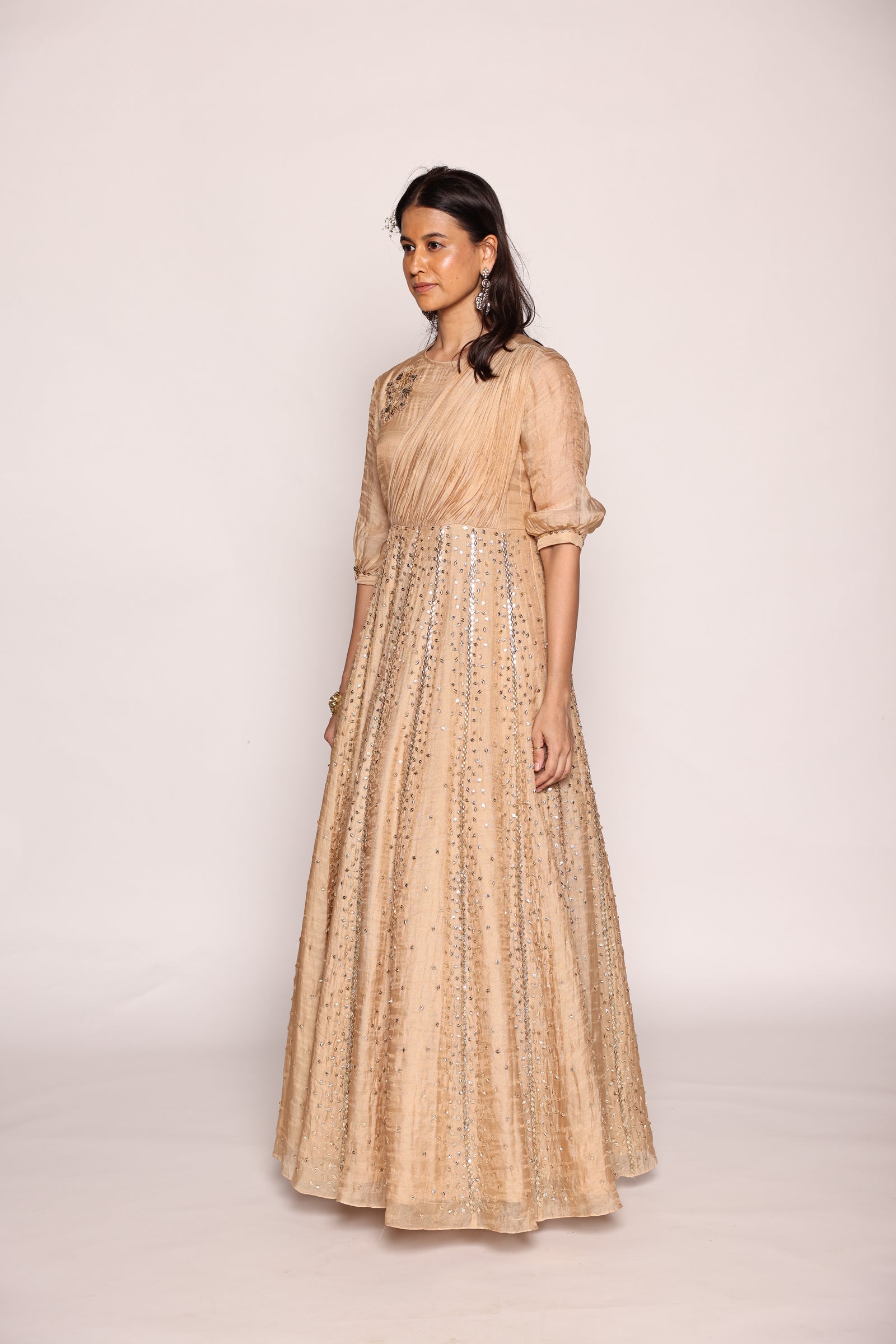 Floor Length Panneled  Dress With Front Drape