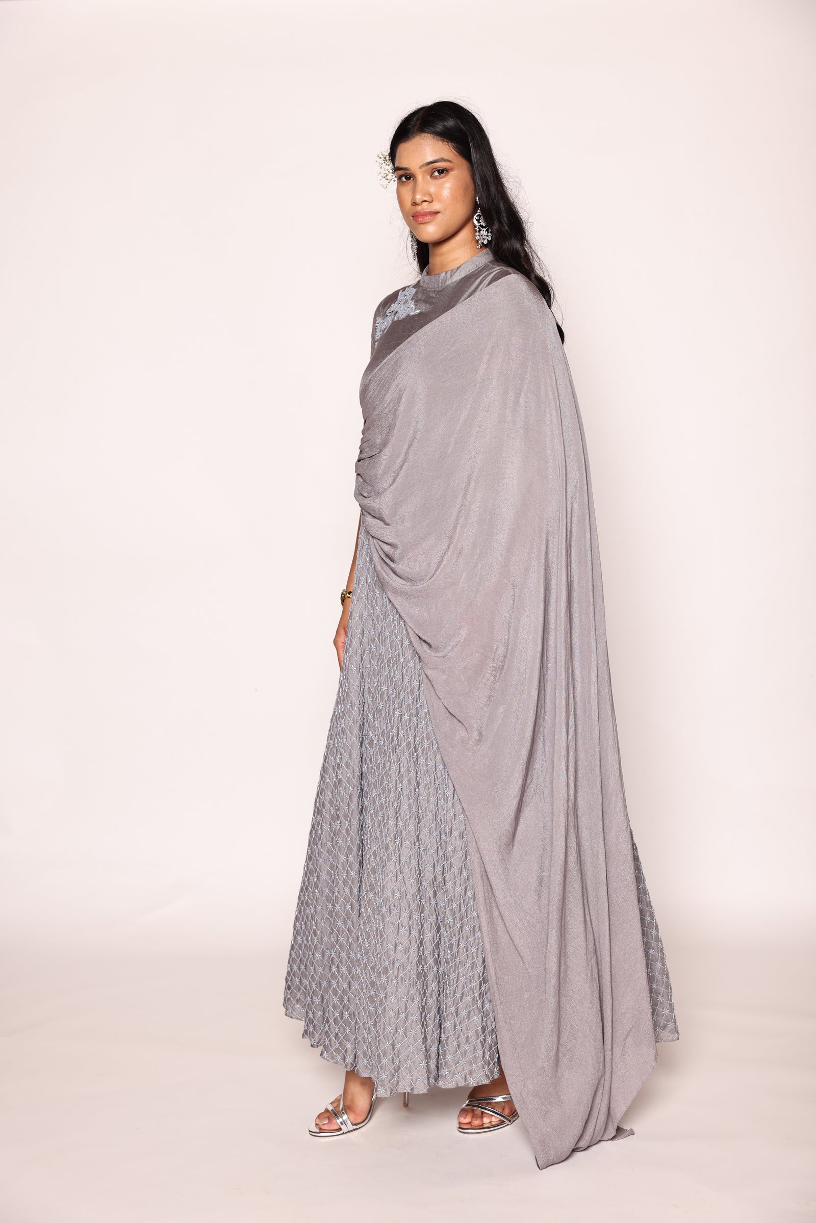 Full Length Circular Dress With Mandrain Collar