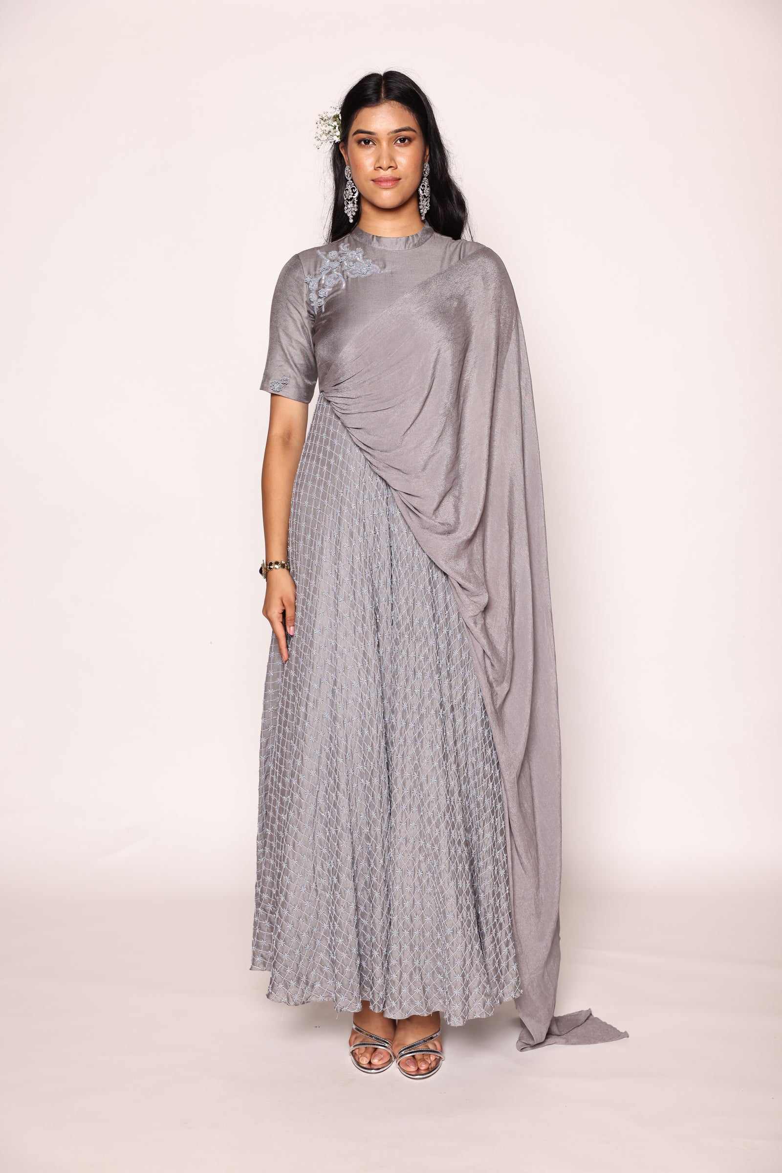 Full Length Circular Dress With Mandrain Collar