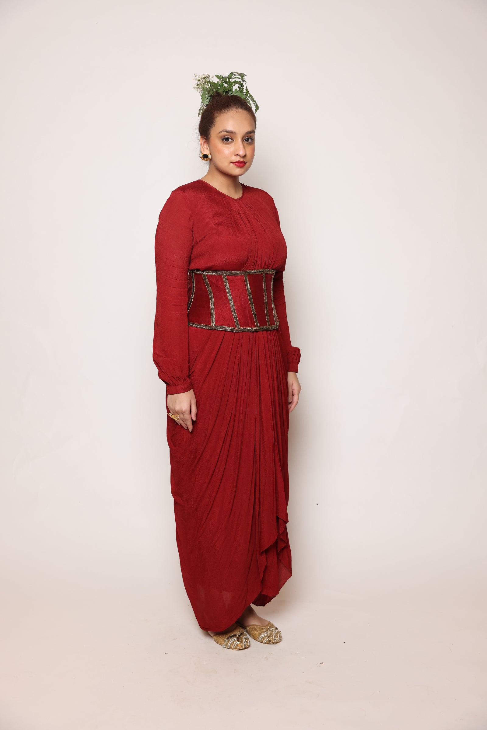 A Drape Dress With Close Neck And Full Gathered Sleeves