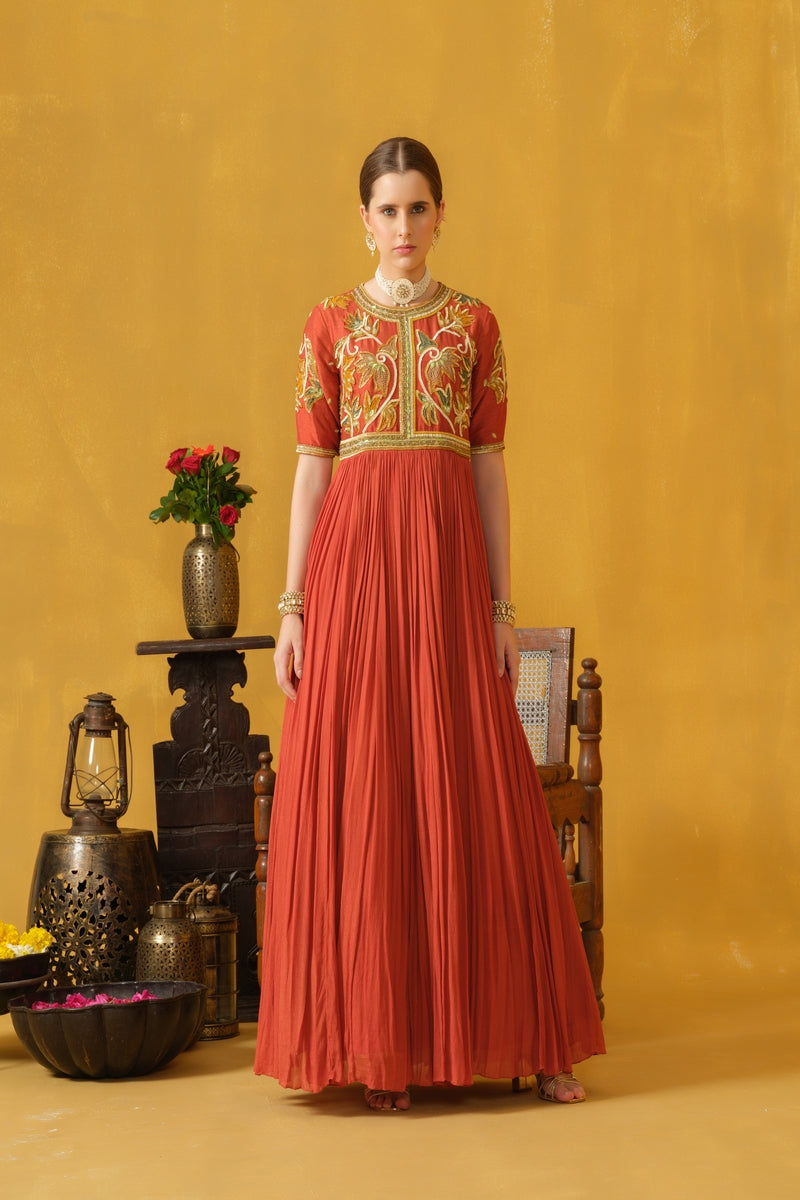 Close Neck Full Length Flared Dress