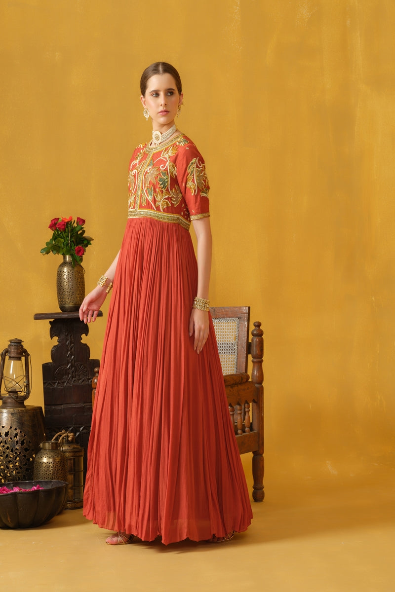 Close Neck Full Length Flared Dress