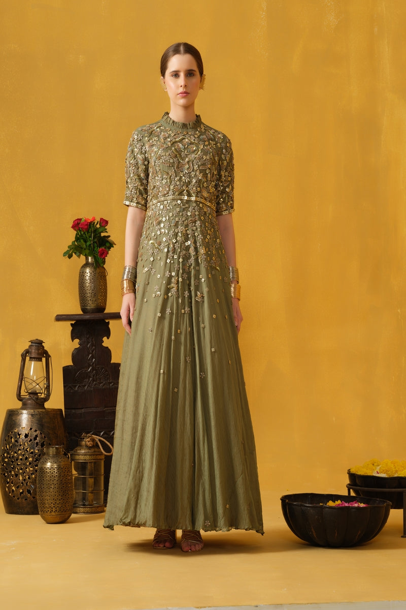 Pleated Collar Full Length Flared Dress