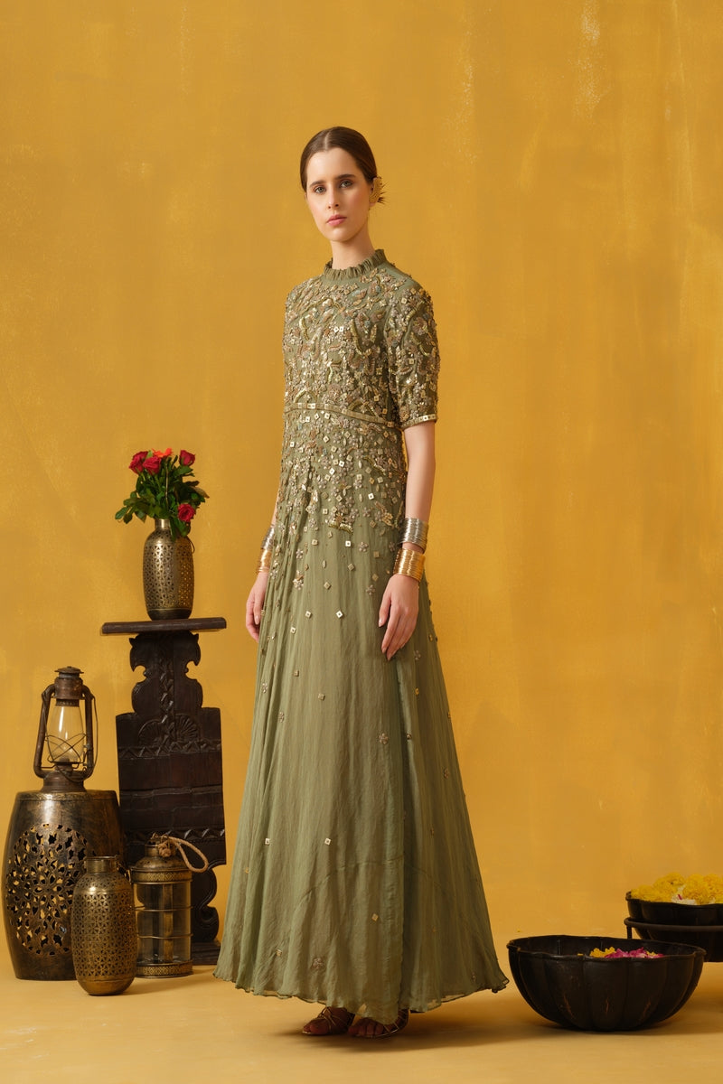 Pleated Collar Full Length Flared Dress