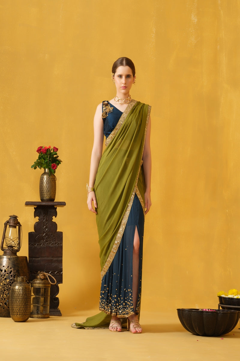 Pre-Stitched Slit Saree With Embellished Borders