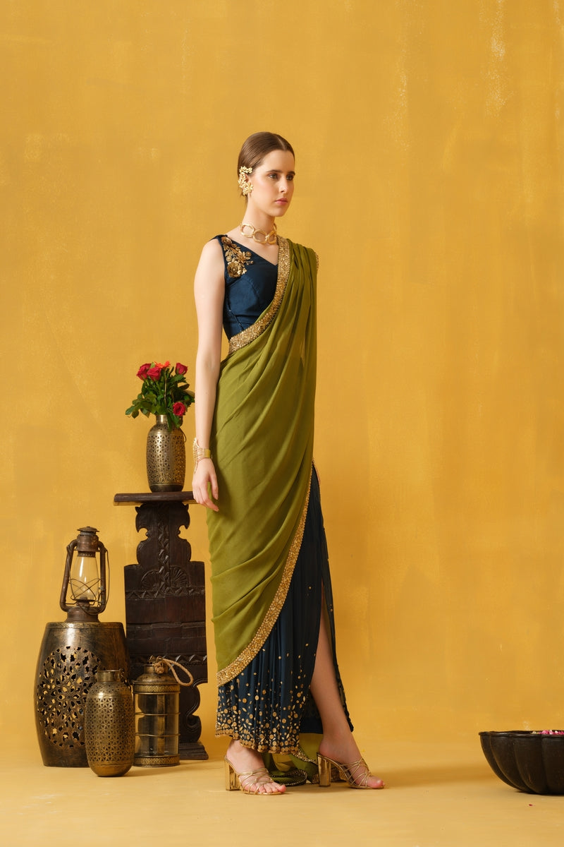 Pre-Stitched Slit Saree With Embellished Borders