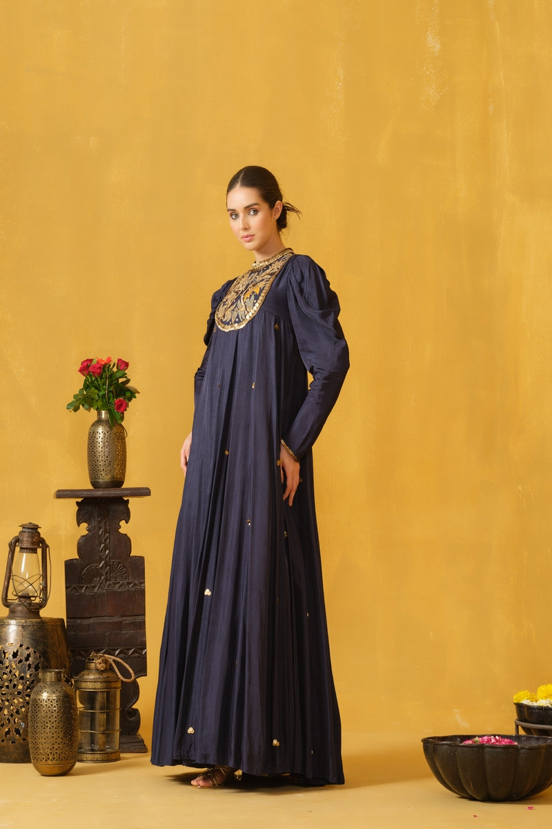 Close Neck Full Length Dress With Leg Of Mutton Sleeves
